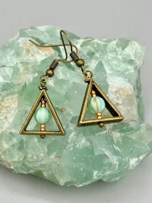 Antique Brass Triangle Dangle Earrings, Hippie Vibe, Neutral Colors, Boho Chic, Nature Inspired