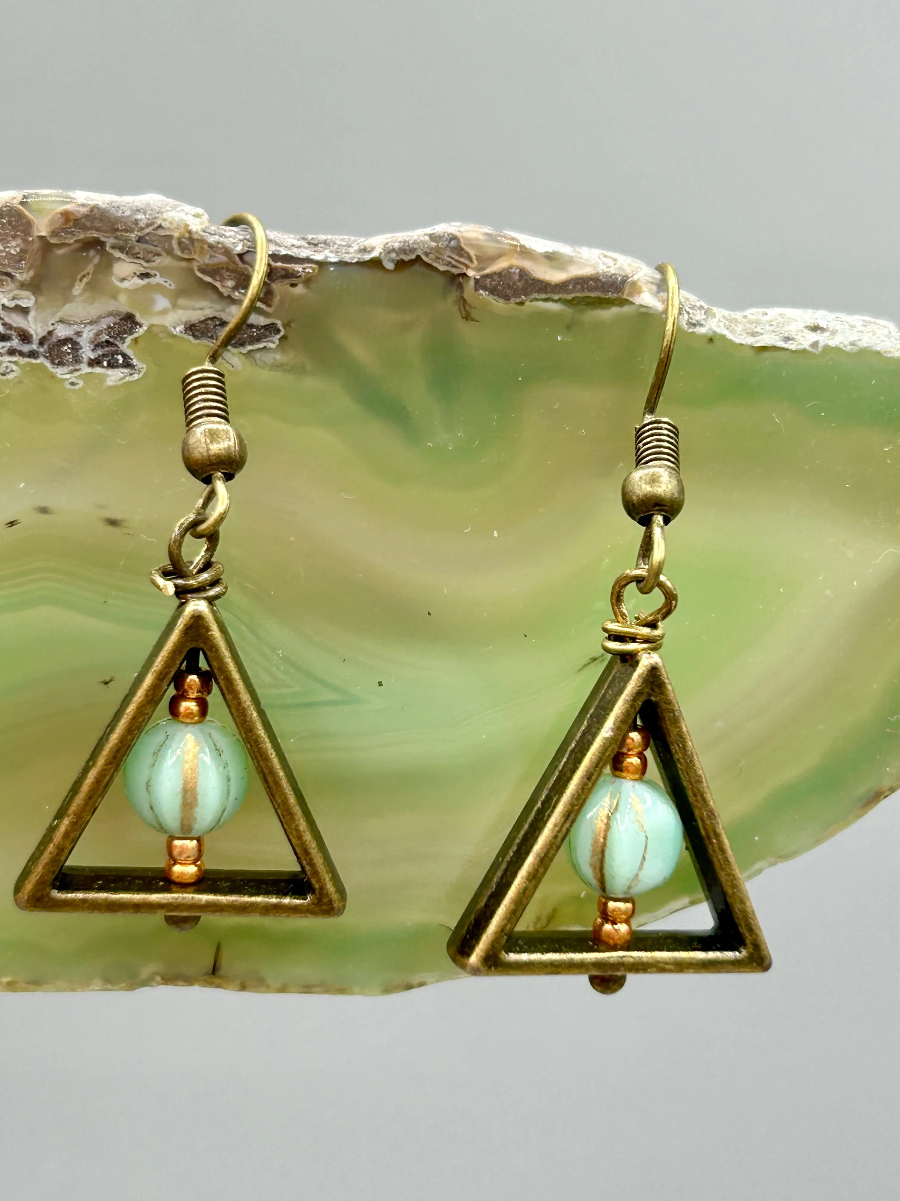 Antique Brass Triangle Dangle Earrings, Hippie Vibe, Neutral Colors, Boho Chic, Nature Inspired