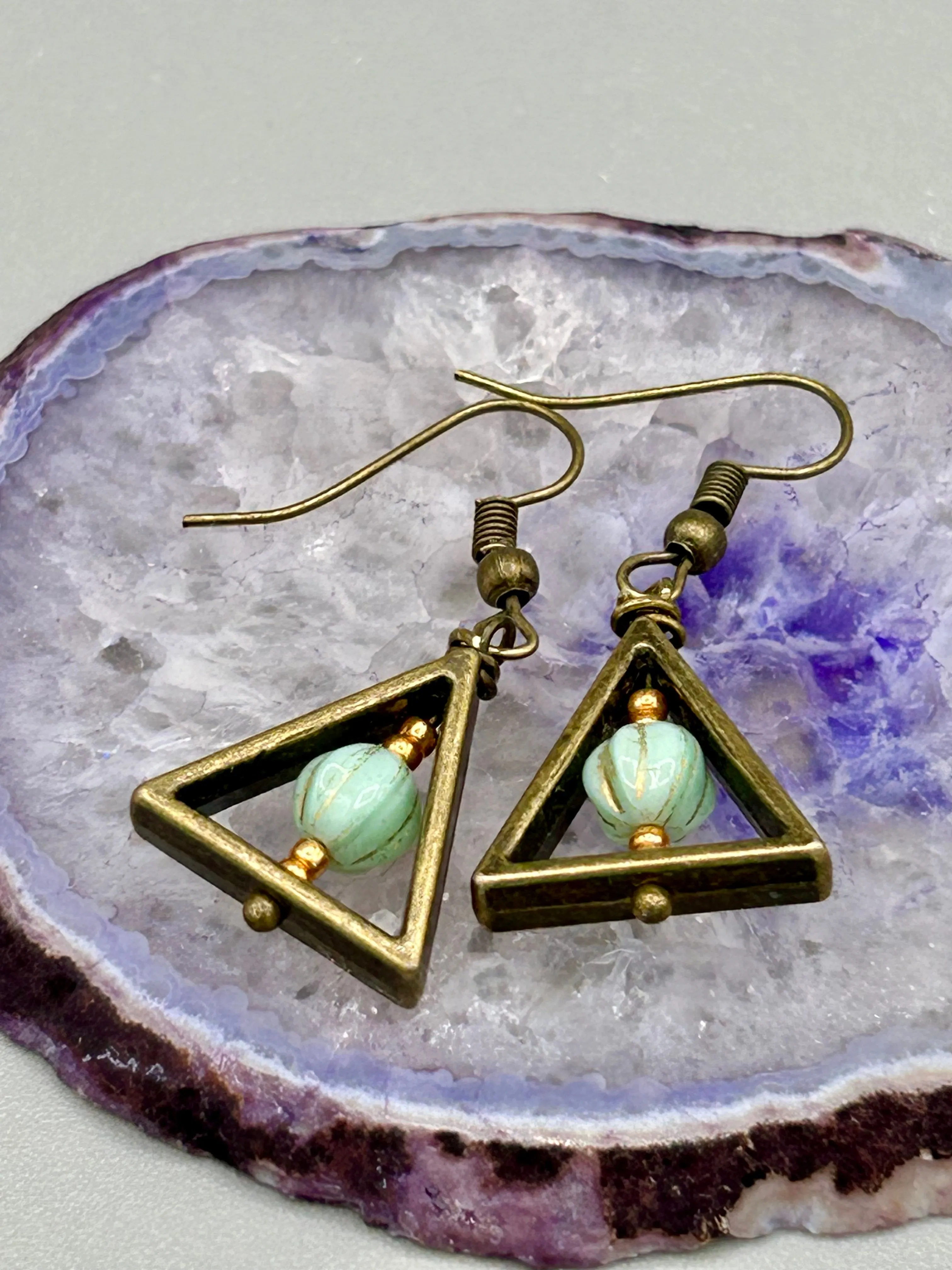 Antique Brass Triangle Dangle Earrings, Hippie Vibe, Neutral Colors, Boho Chic, Nature Inspired