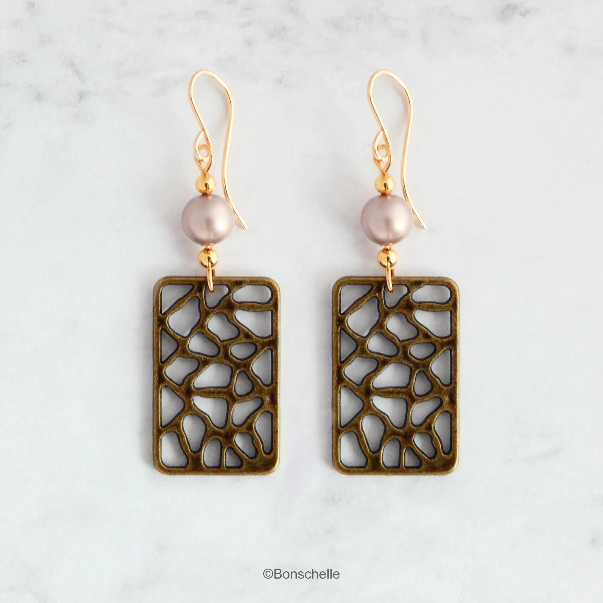 Antique Bronze Filigree and Pearl Earrings with 14K Gold Filled Earwires