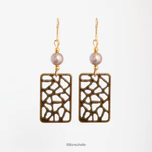 Antique Bronze Filigree and Pearl Earrings with 14K Gold Filled Earwires