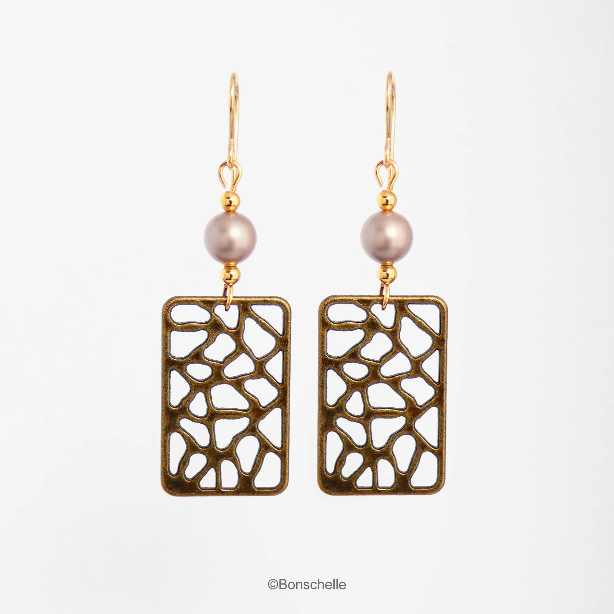 Antique Bronze Filigree and Pearl Earrings with 14K Gold Filled Earwires