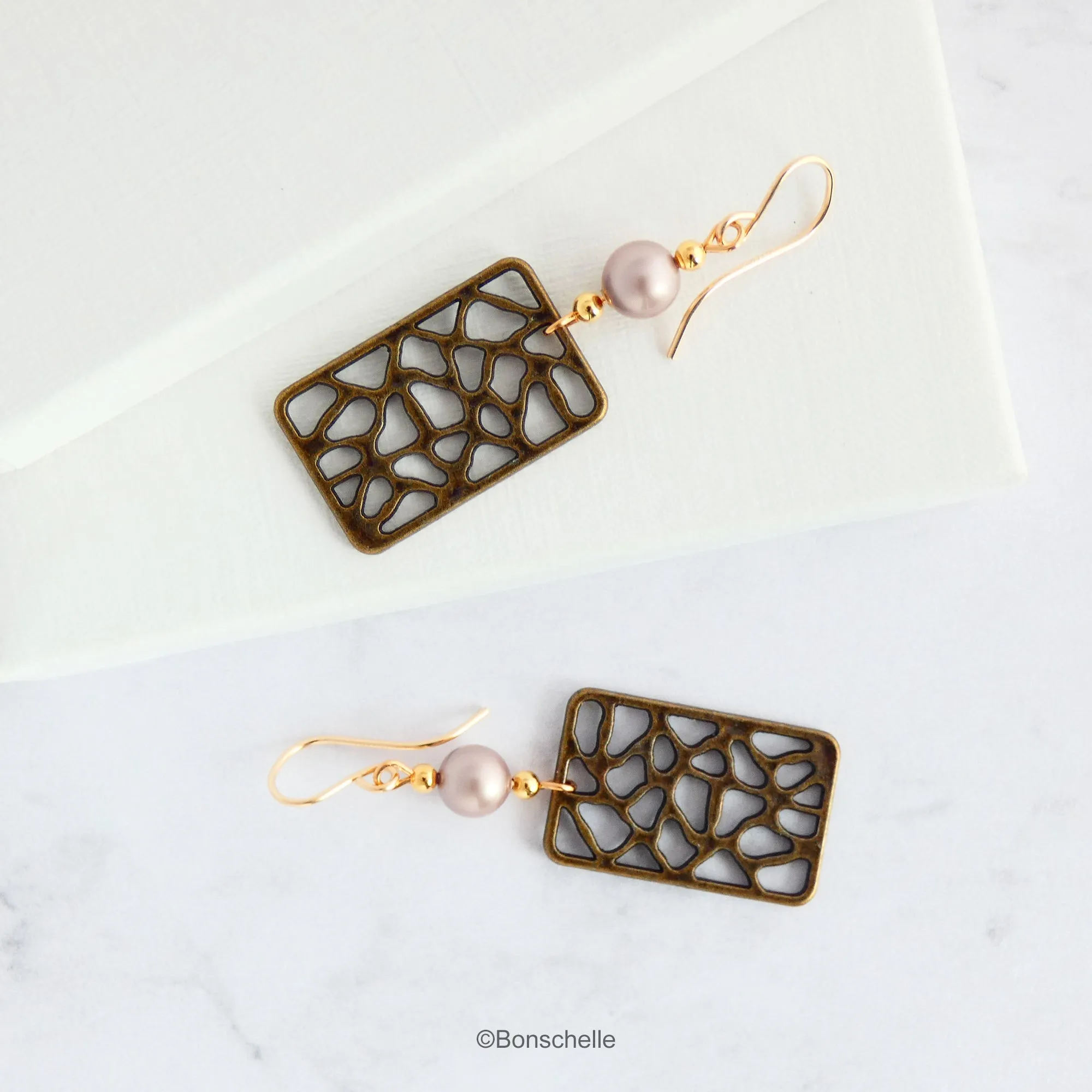 Antique Bronze Filigree and Pearl Earrings with 14K Gold Filled Earwires