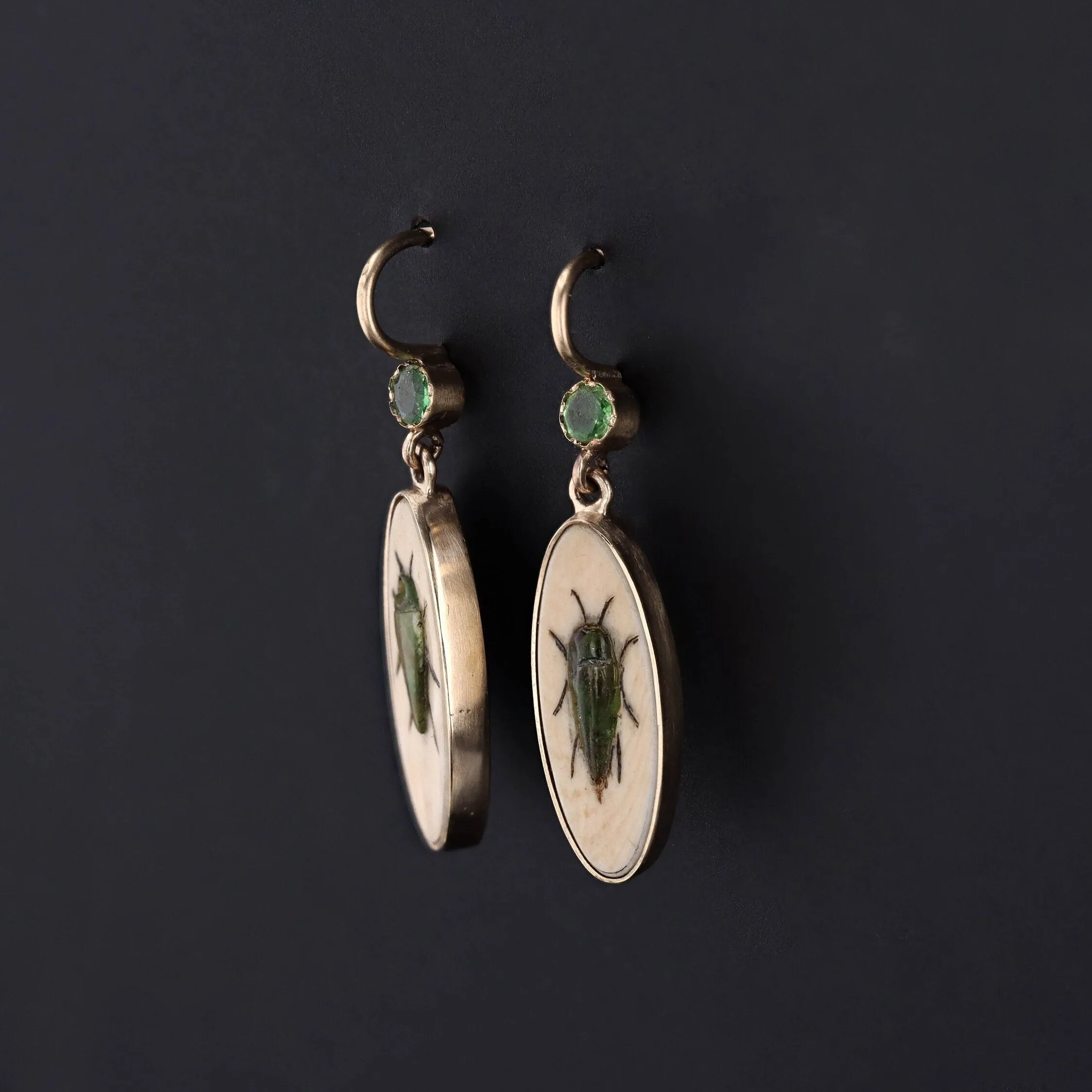 Antique Demantoid Garnet Insect Shibayama Conversion Earrings of 14k Gold