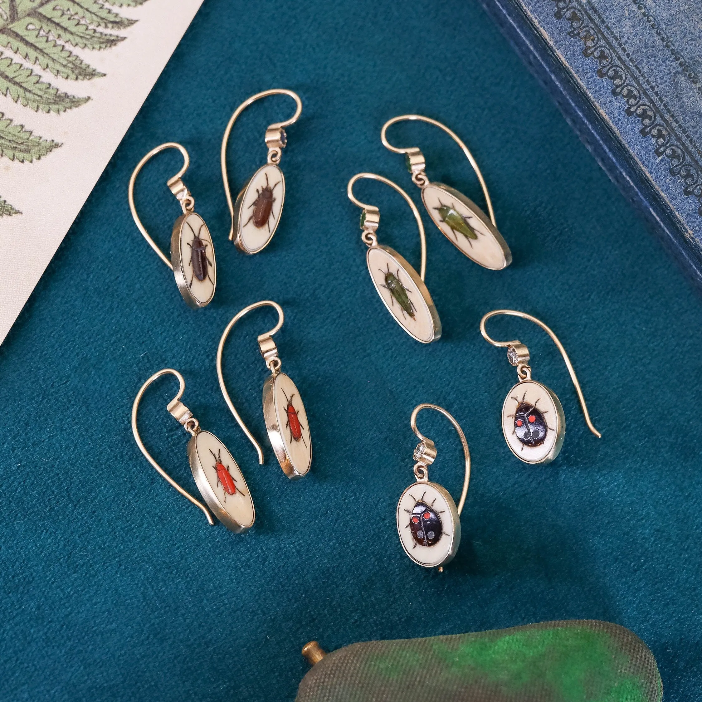 Antique Demantoid Garnet Insect Shibayama Conversion Earrings of 14k Gold