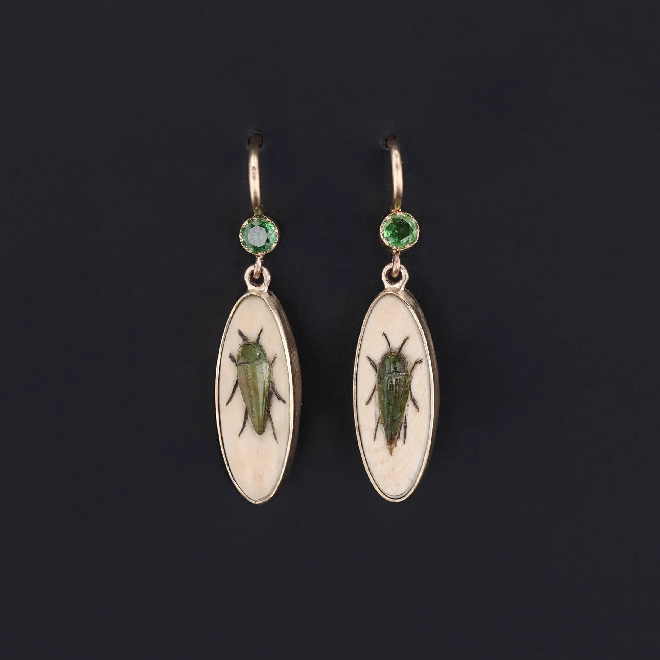 Antique Demantoid Garnet Insect Shibayama Conversion Earrings of 14k Gold