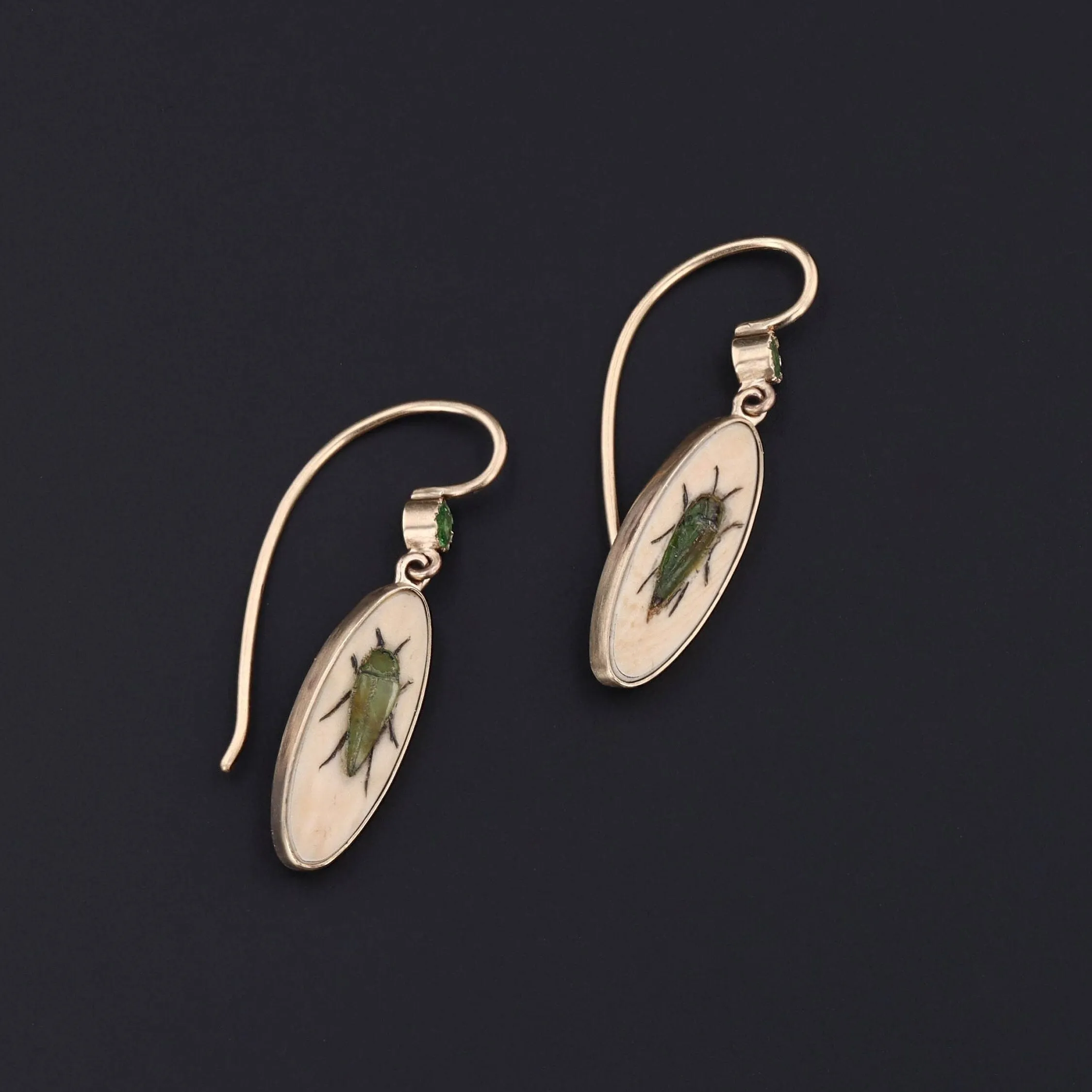 Antique Demantoid Garnet Insect Shibayama Conversion Earrings of 14k Gold