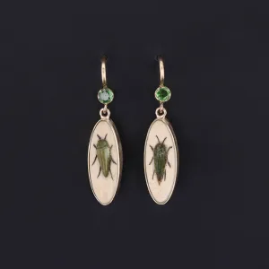 Antique Demantoid Garnet Insect Shibayama Conversion Earrings of 14k Gold