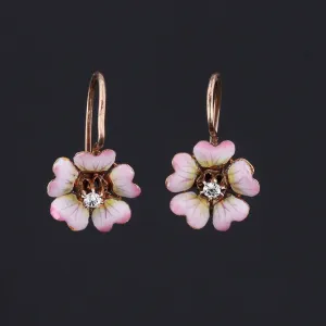 Antique Diamond Flower Earrings | Pink Enamel Flower Earrings