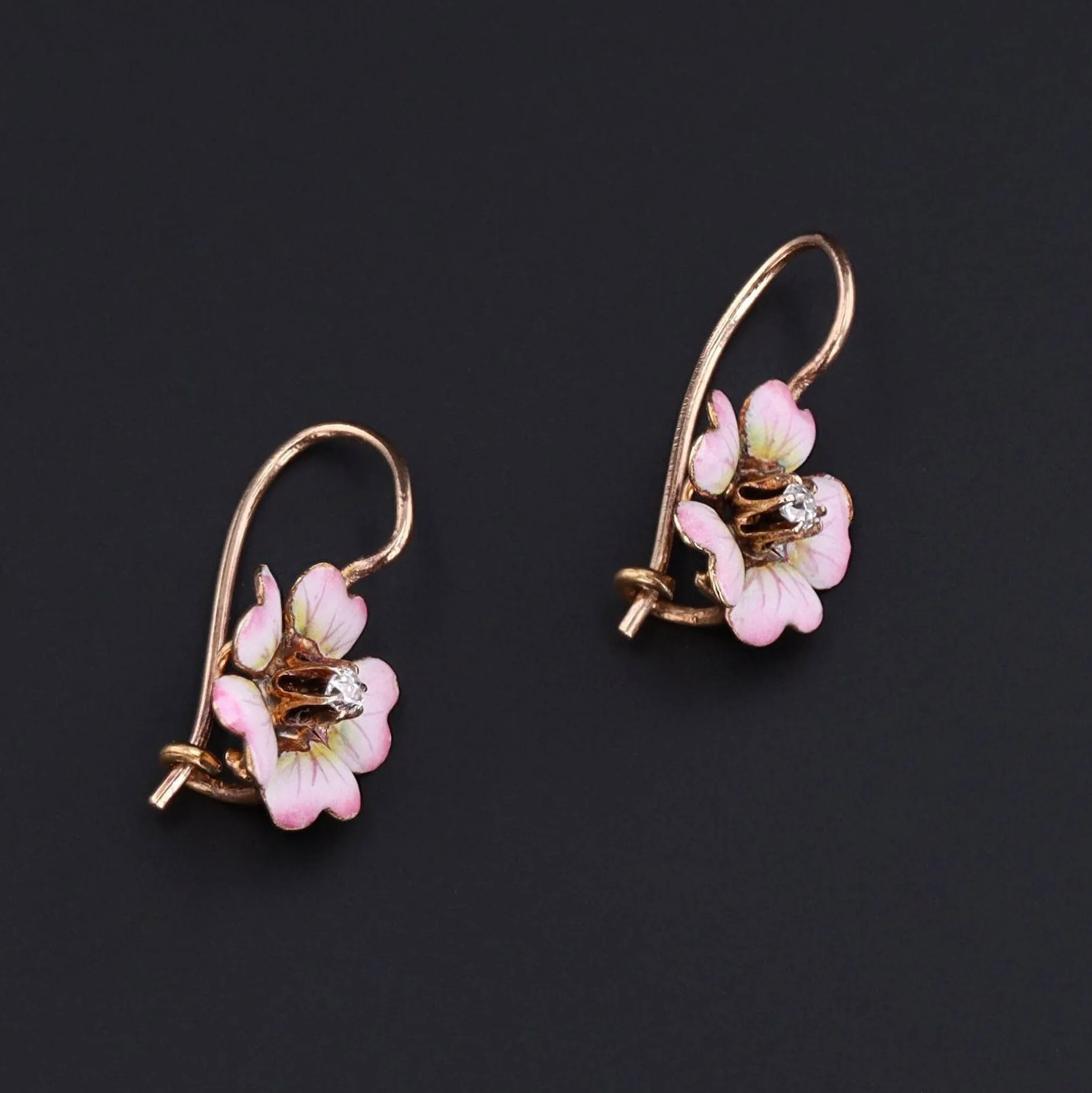 Antique Diamond Flower Earrings | Pink Enamel Flower Earrings