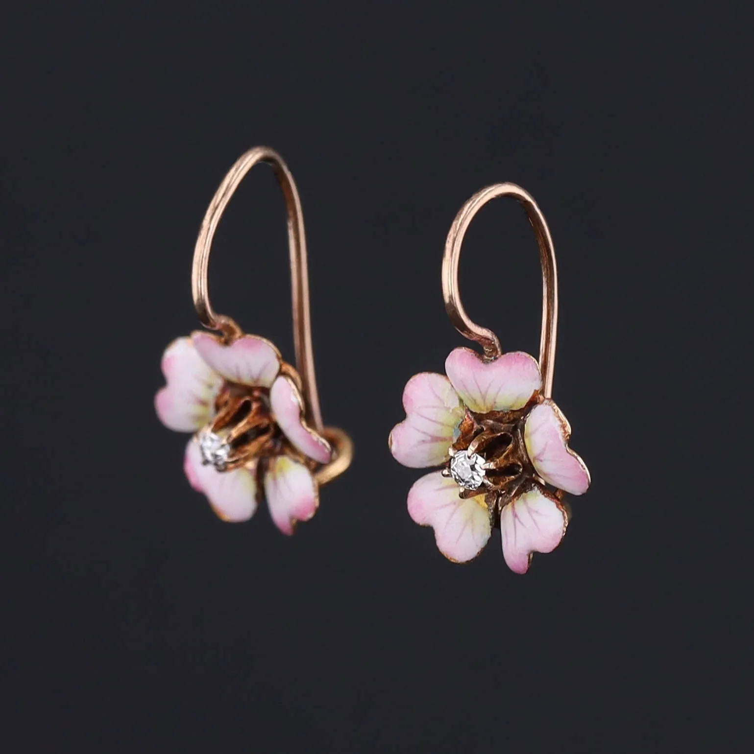 Antique Diamond Flower Earrings | Pink Enamel Flower Earrings