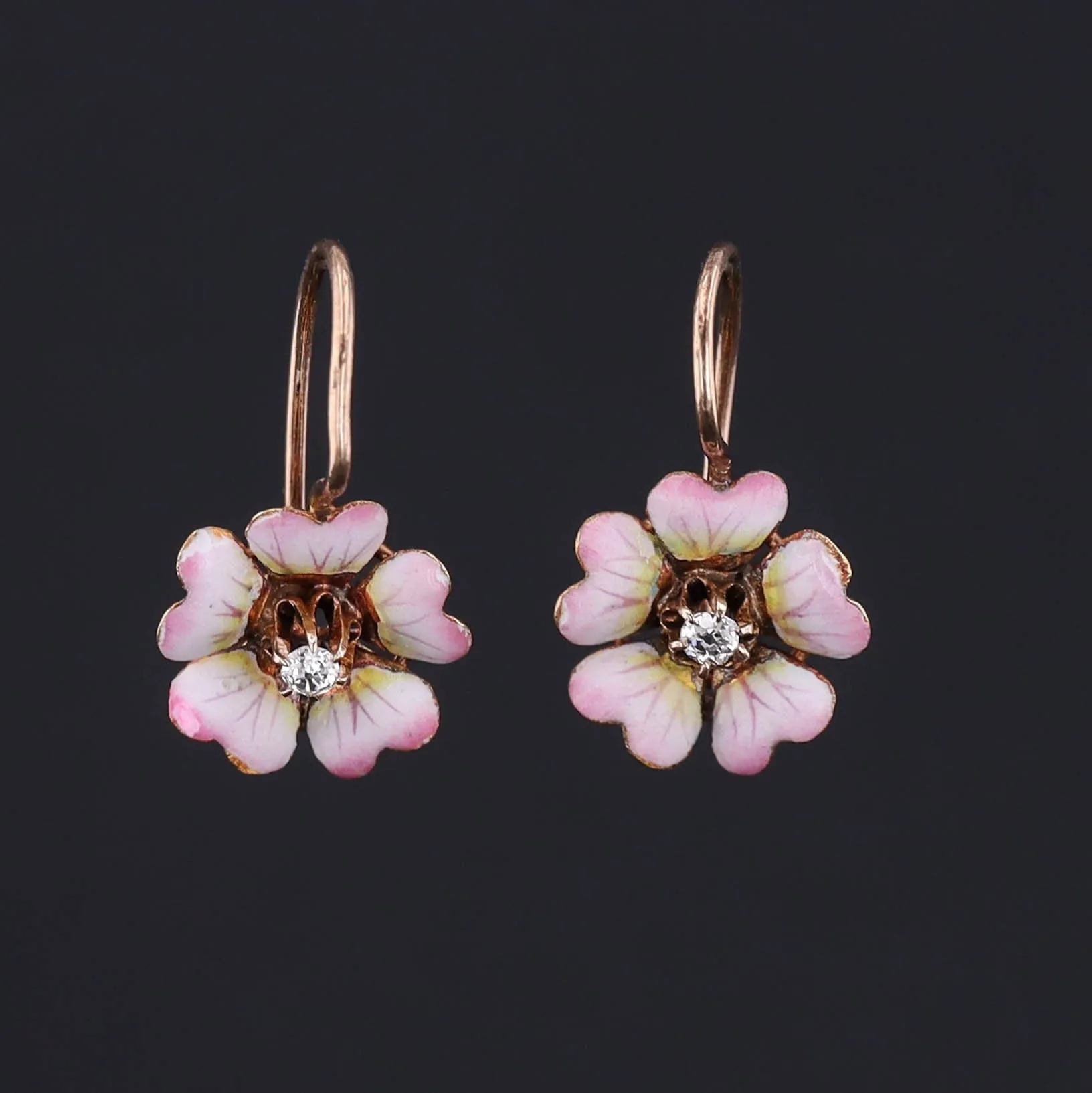 Antique Diamond Flower Earrings | Pink Enamel Flower Earrings