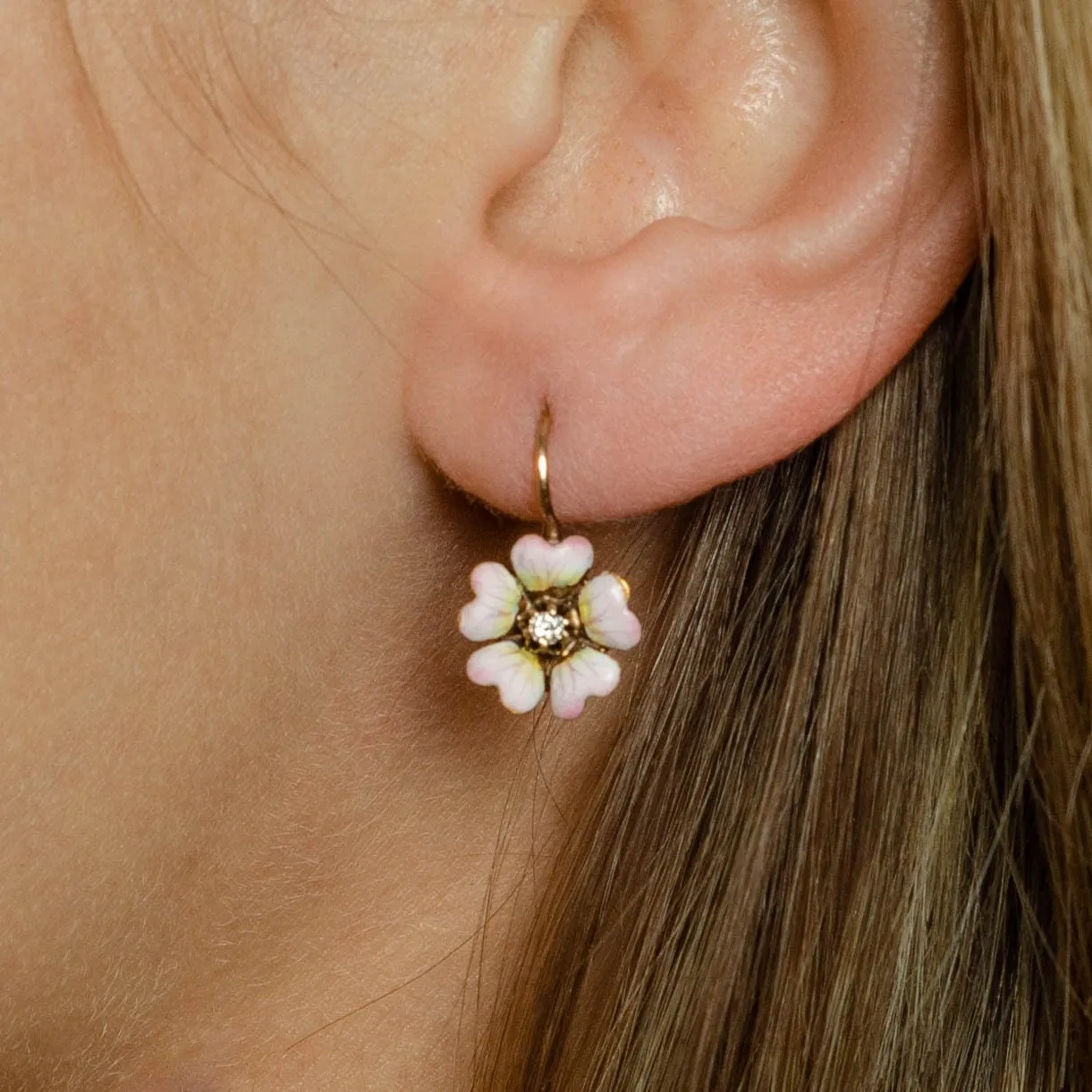 Antique Diamond Flower Earrings | Pink Enamel Flower Earrings