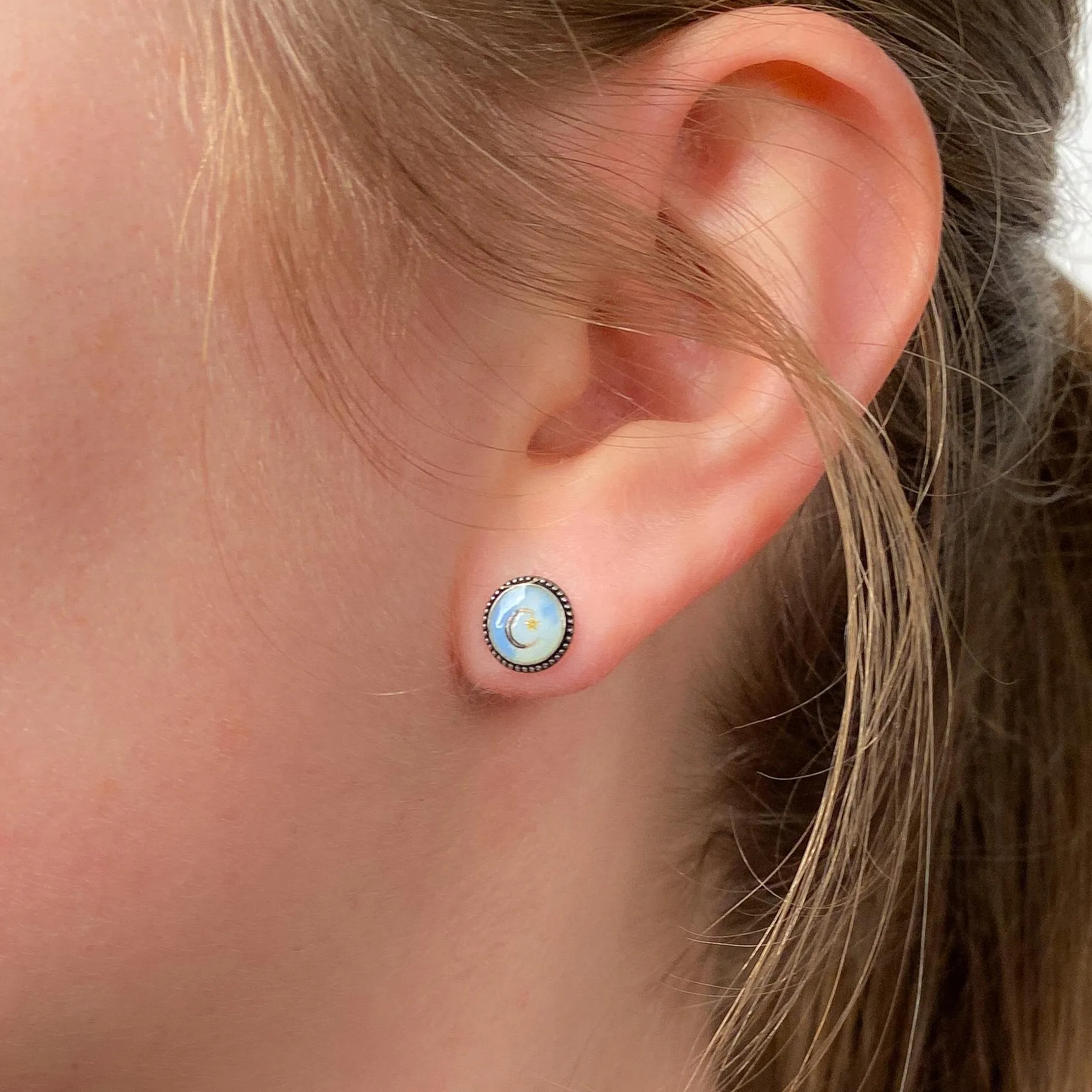 Antique Enamel Crescent Earrings of Silver and 14k Gold