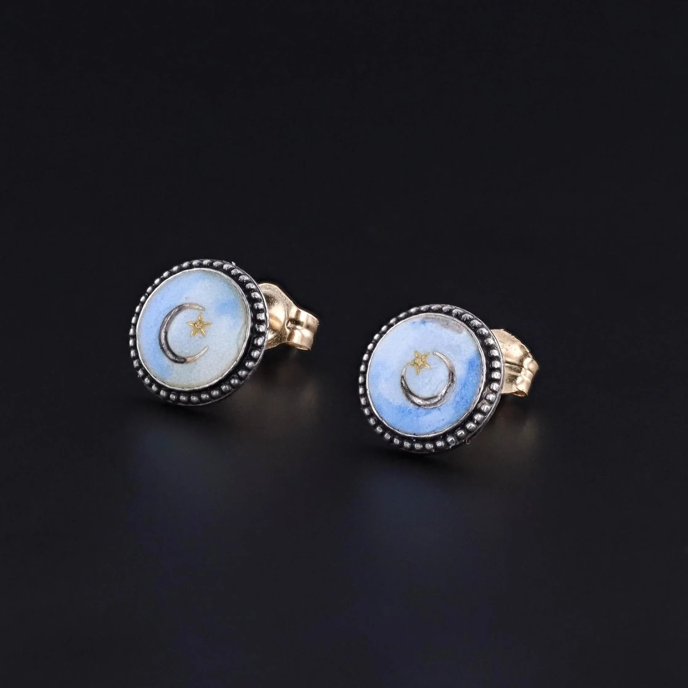 Antique Enamel Crescent Earrings of Silver and 14k Gold
