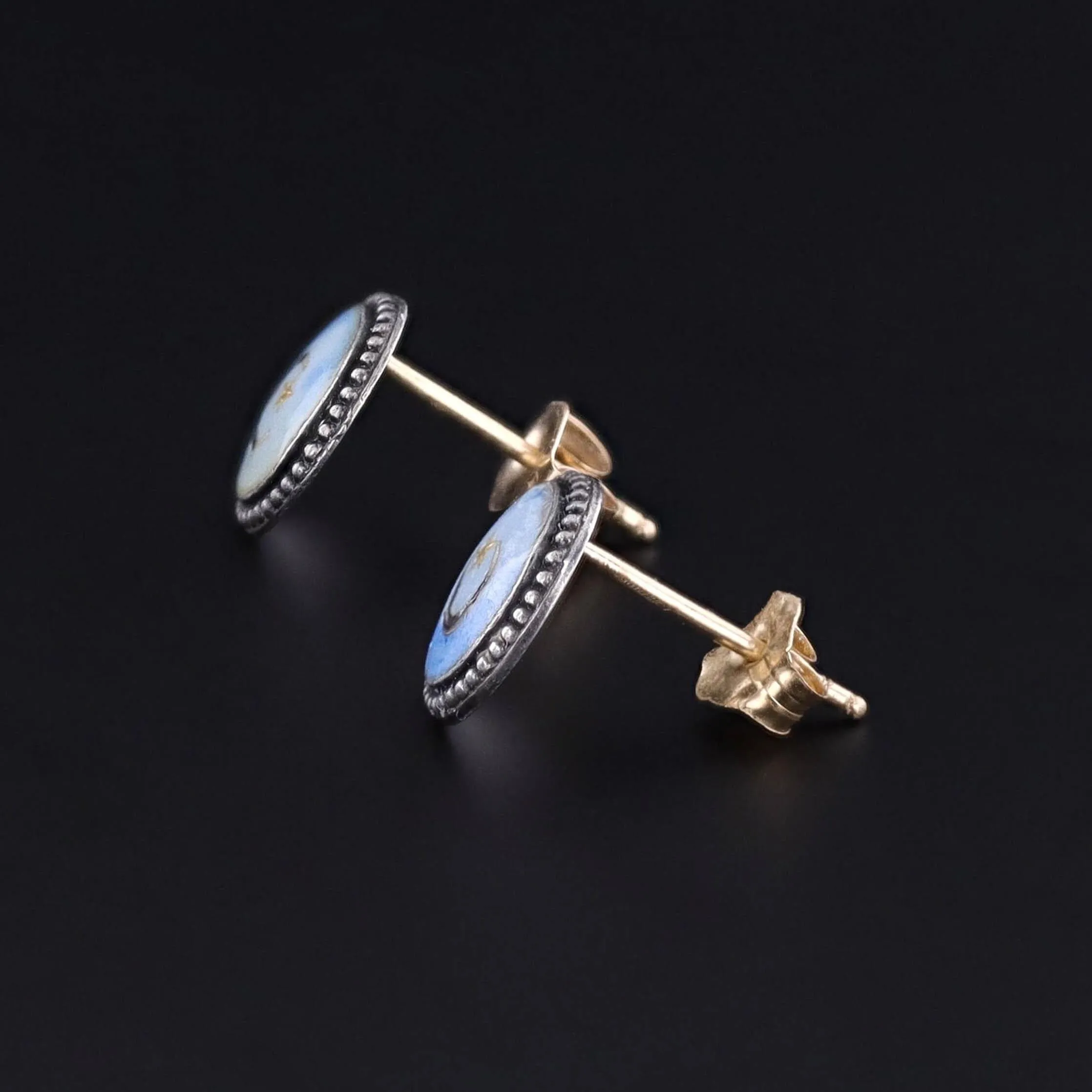 Antique Enamel Crescent Earrings of Silver and 14k Gold