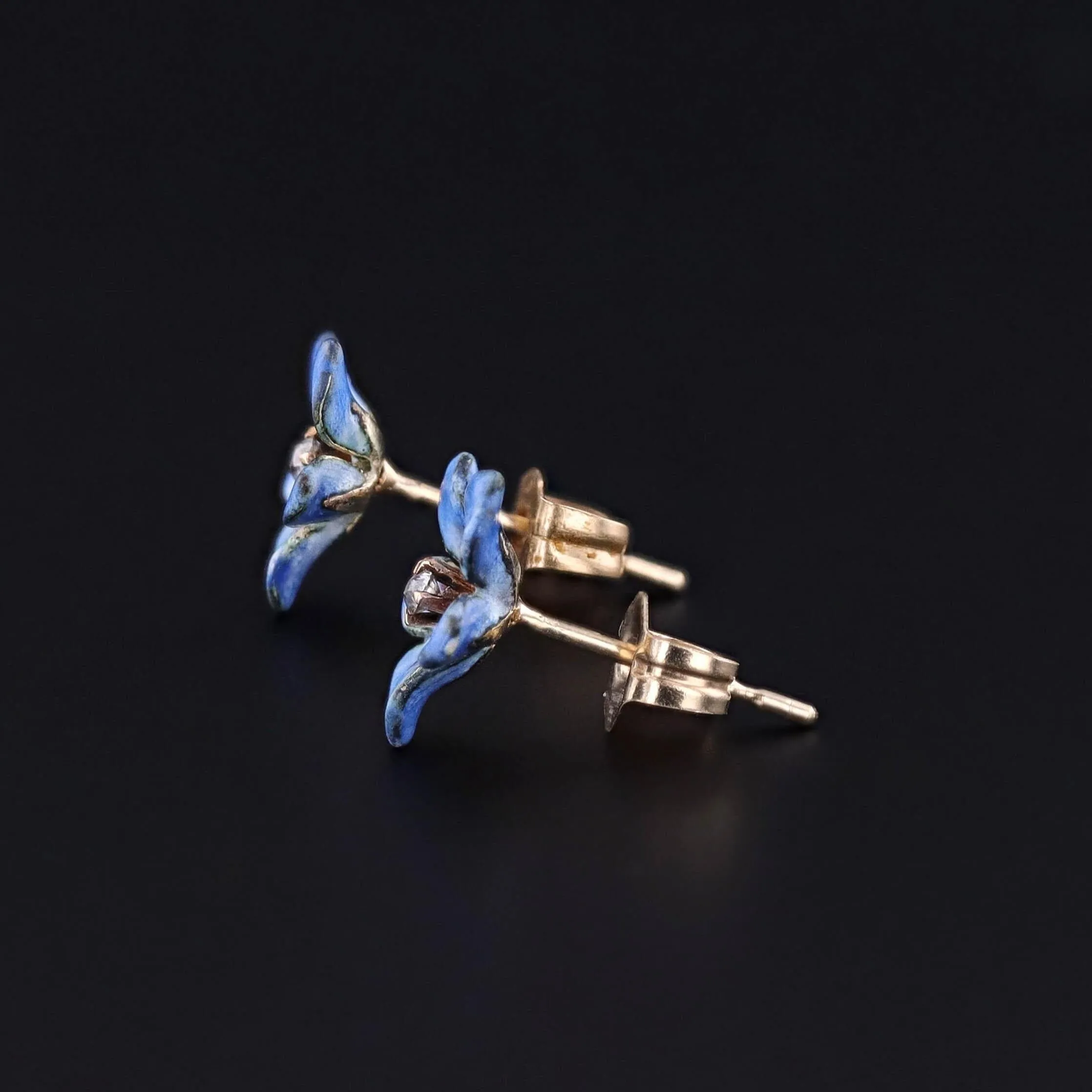 Antique Enamel Violet Earrings of 14k Gold
