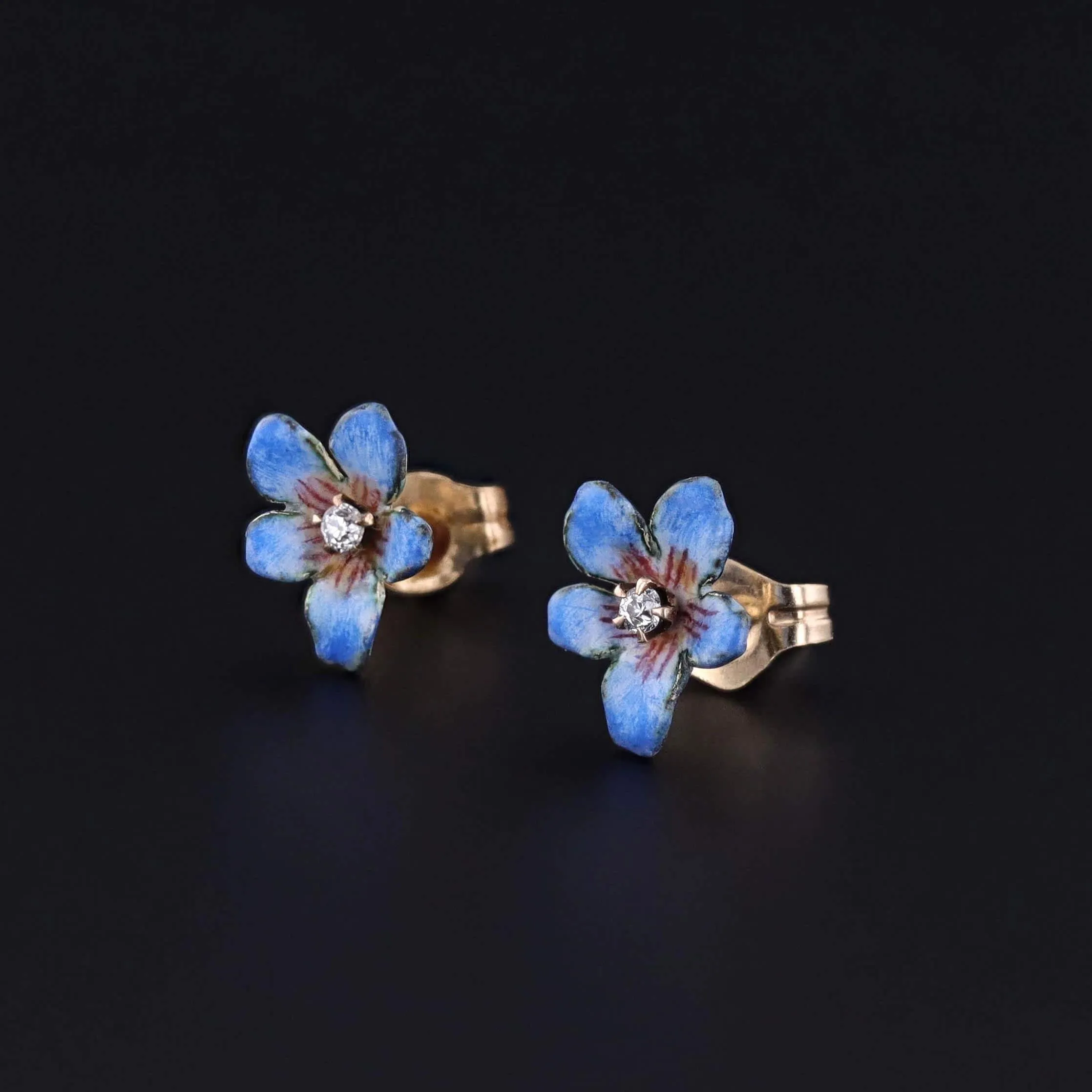 Antique Enamel Violet Earrings of 14k Gold