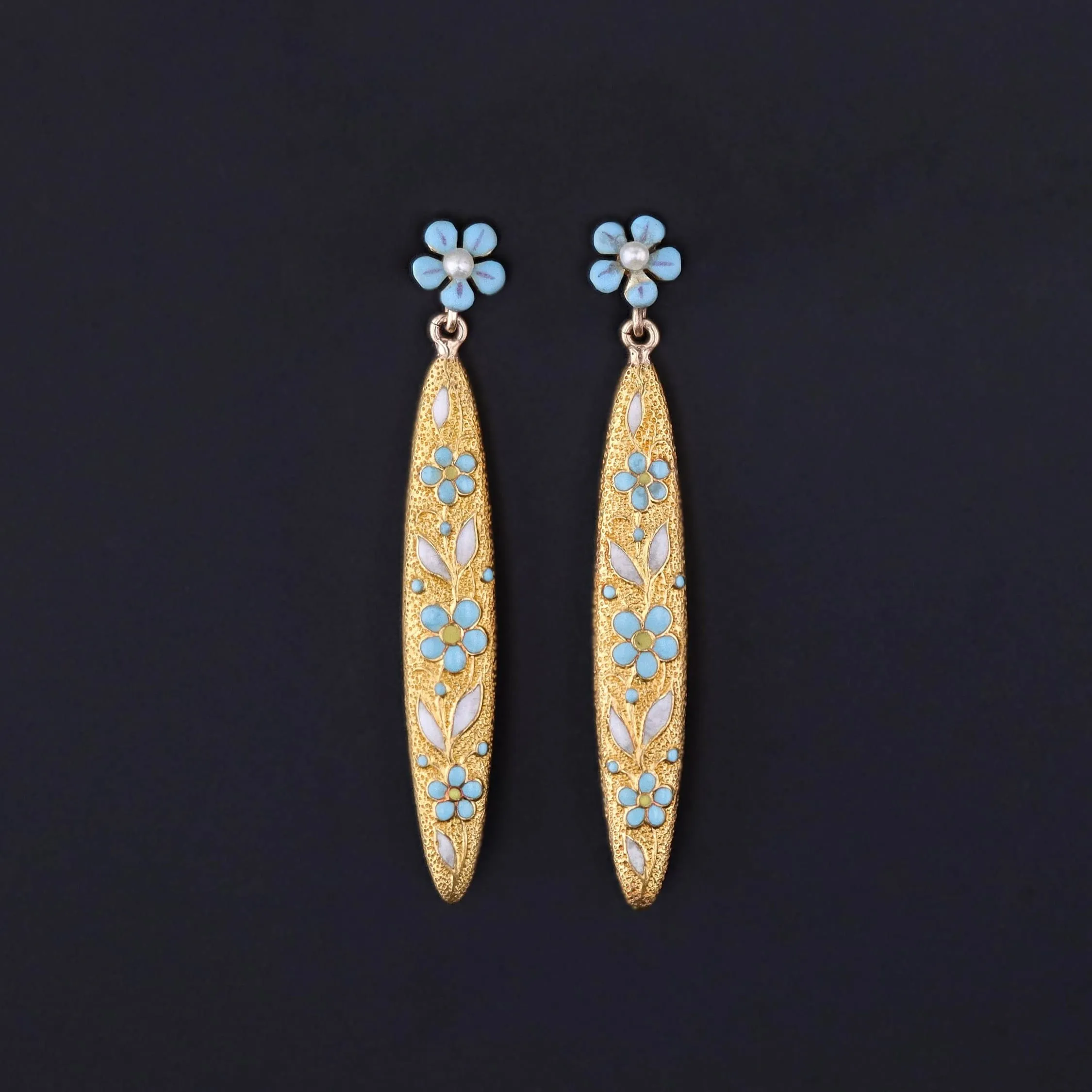 Antique Forget-me-not Flower Earrings of 14k Gold