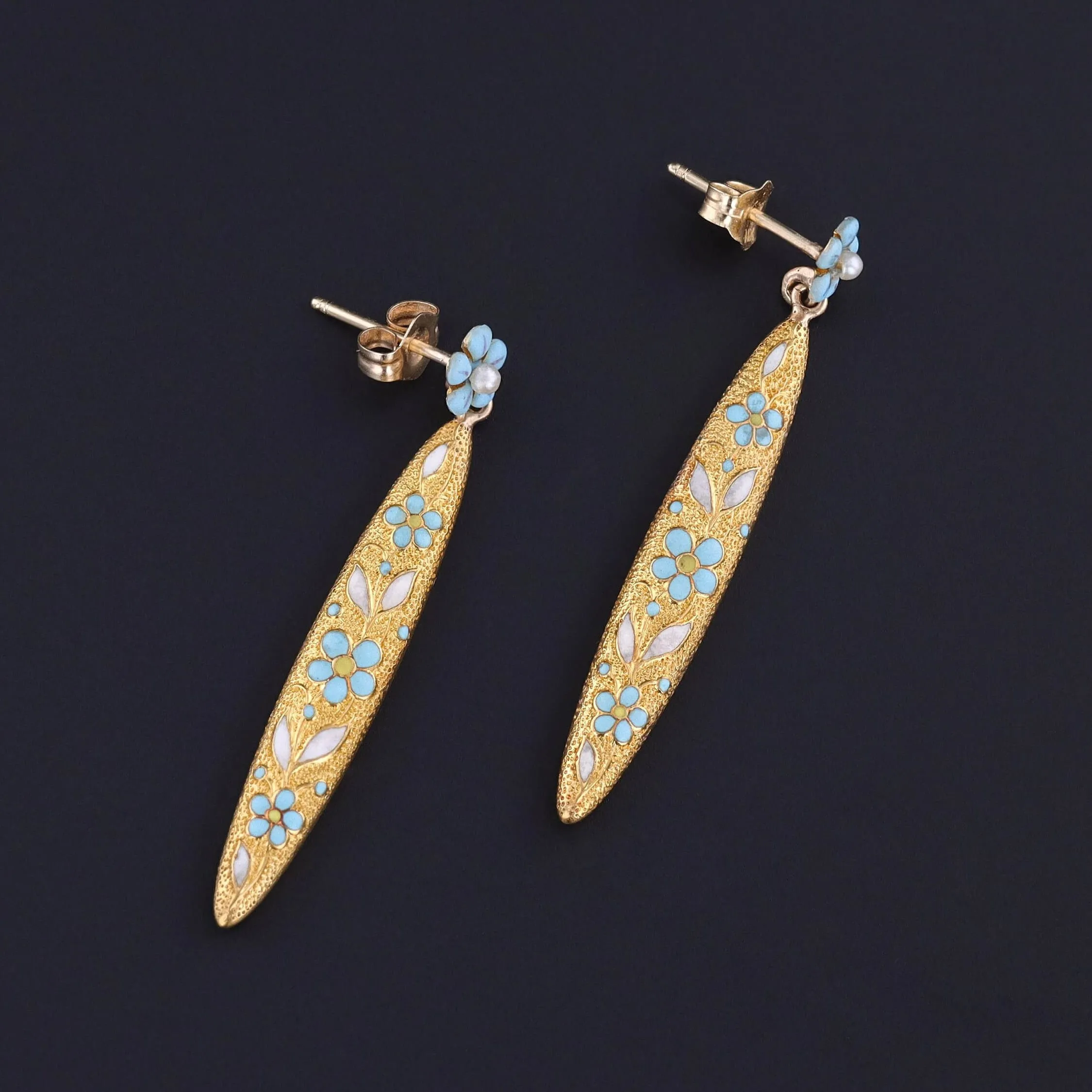Antique Forget-me-not Flower Earrings of 14k Gold