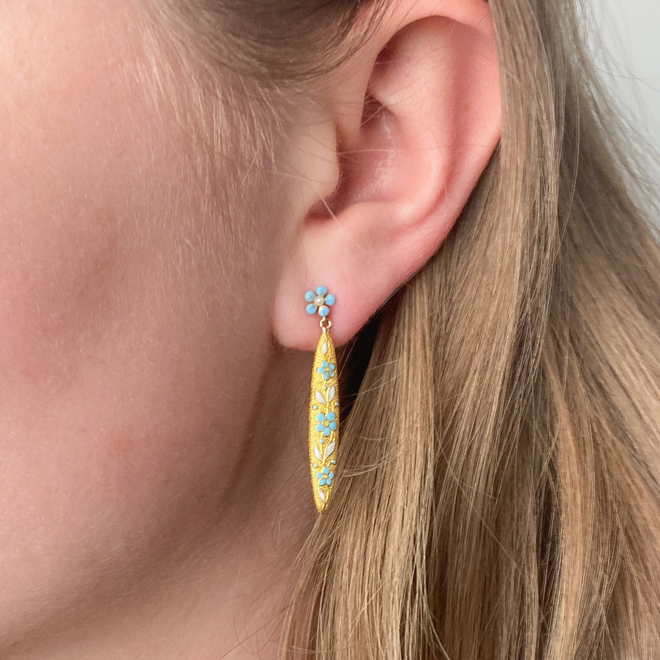 Antique Forget-me-not Flower Earrings of 14k Gold