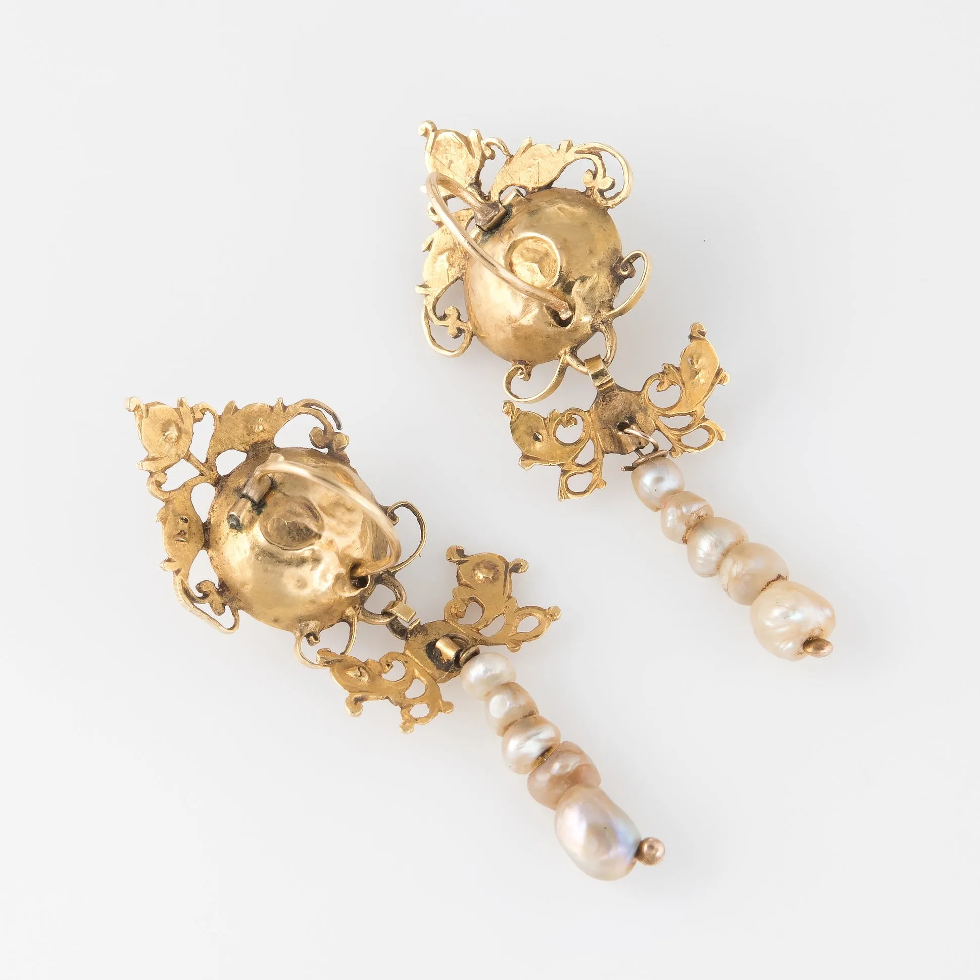 Antique Georgian 18th Century Iberian Earrings Emerald Pearl 22k Yellow Gold Spanish Old