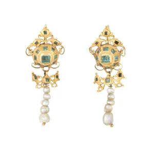 Antique Georgian 18th Century Iberian Earrings Emerald Pearl 22k Yellow Gold Spanish Old