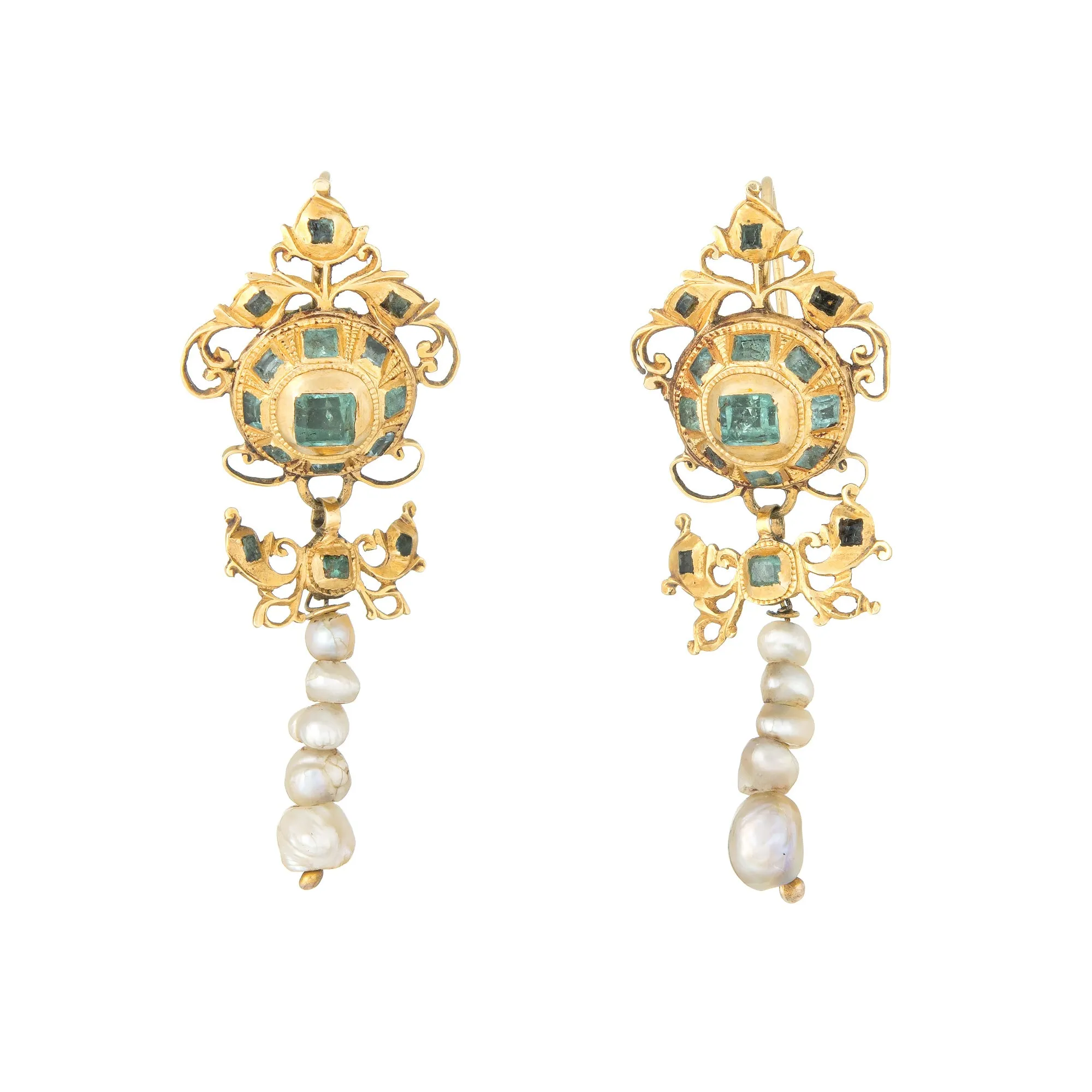Antique Georgian 18th Century Iberian Earrings Emerald Pearl 22k Yellow Gold Spanish Old