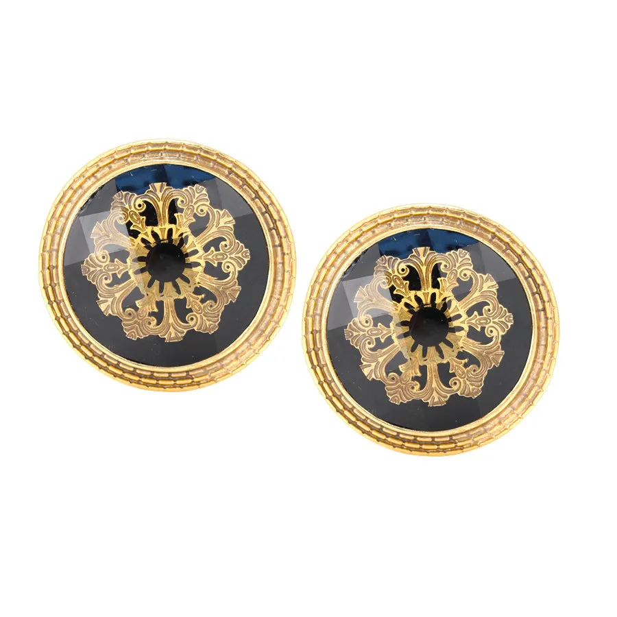 ANTIQUE GOLD BLACK ROUND CLIP EARRINGS #195BK3401 (2C3)