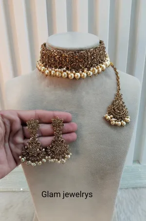 Antique Gold Choker Indian Jewellery Tesli Set