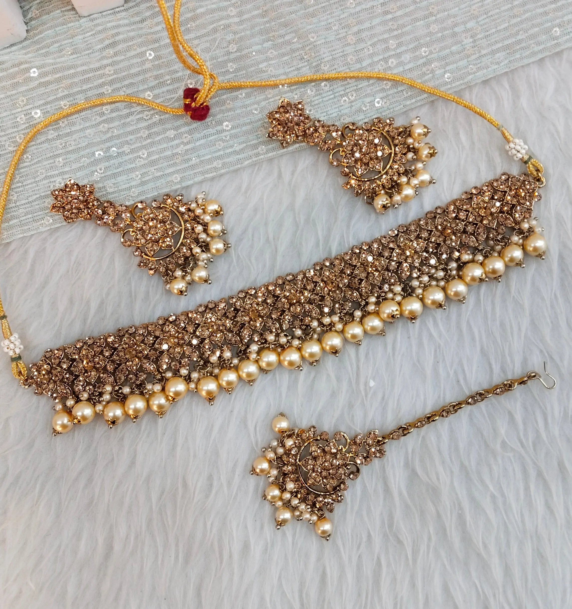 Antique Gold Choker Indian Jewellery Tesli Set
