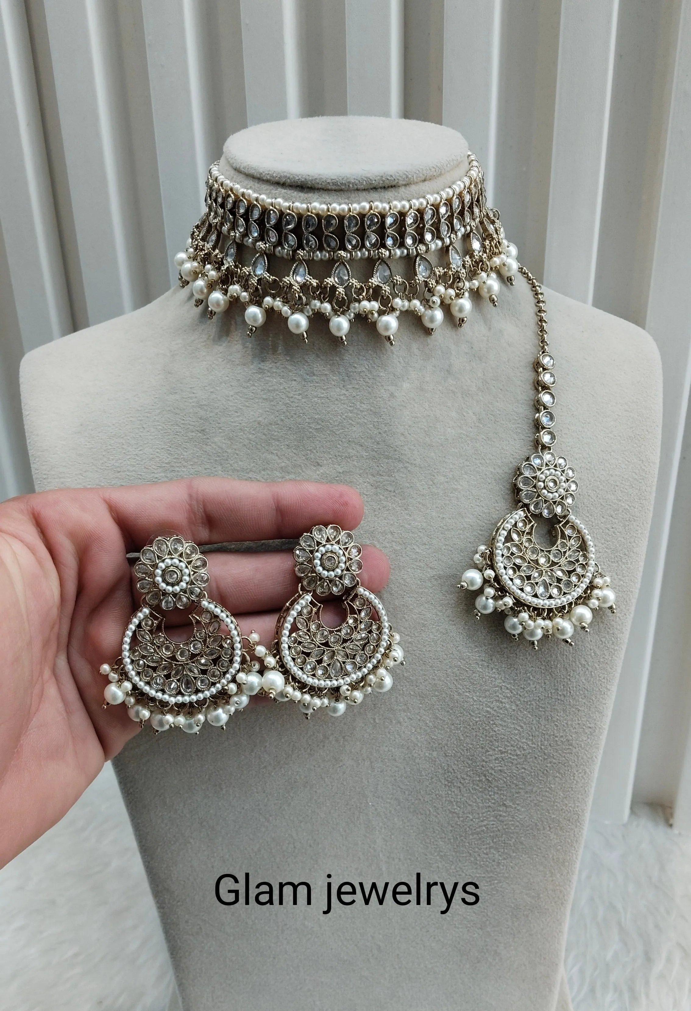 Antique Gold Clear Stone Choker Indian Jewellery Jaiswal Set