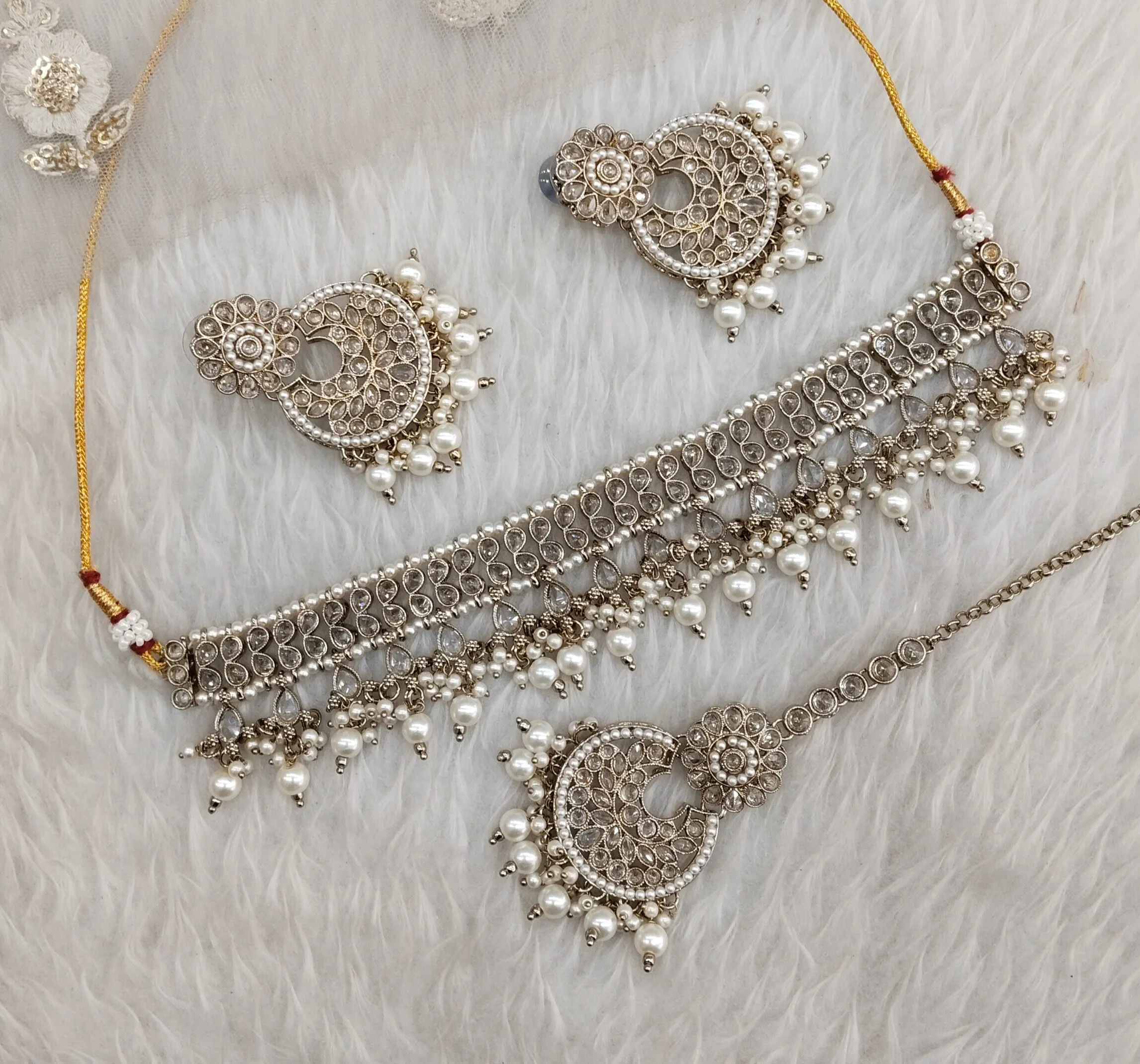 Antique Gold Clear Stone Choker Indian Jewellery Jaiswal Set
