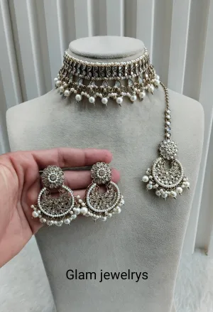 Antique Gold Clear Stone Choker Indian Jewellery Jaiswal Set