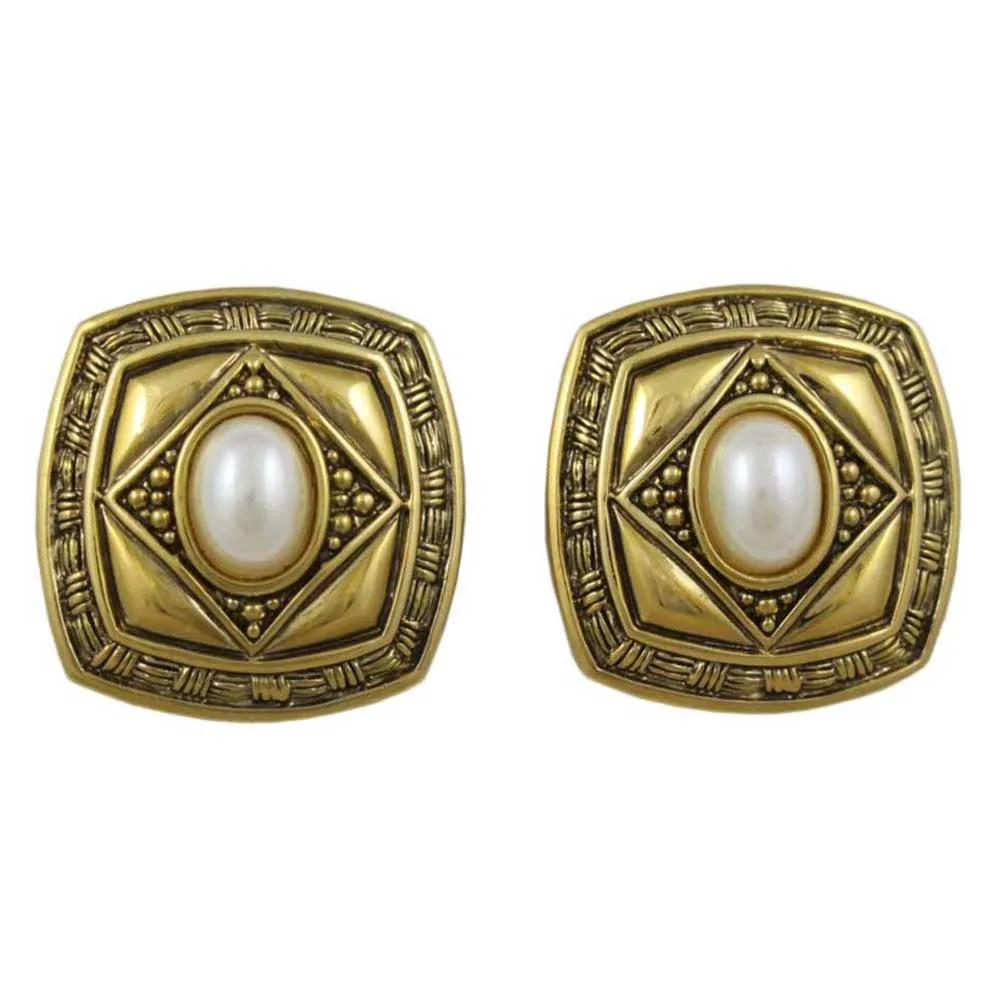 Antique Gold Square with White Oval Pearl Pierced Earring - DPE615