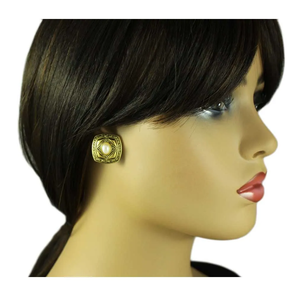 Antique Gold Square with White Oval Pearl Pierced Earring - DPE615