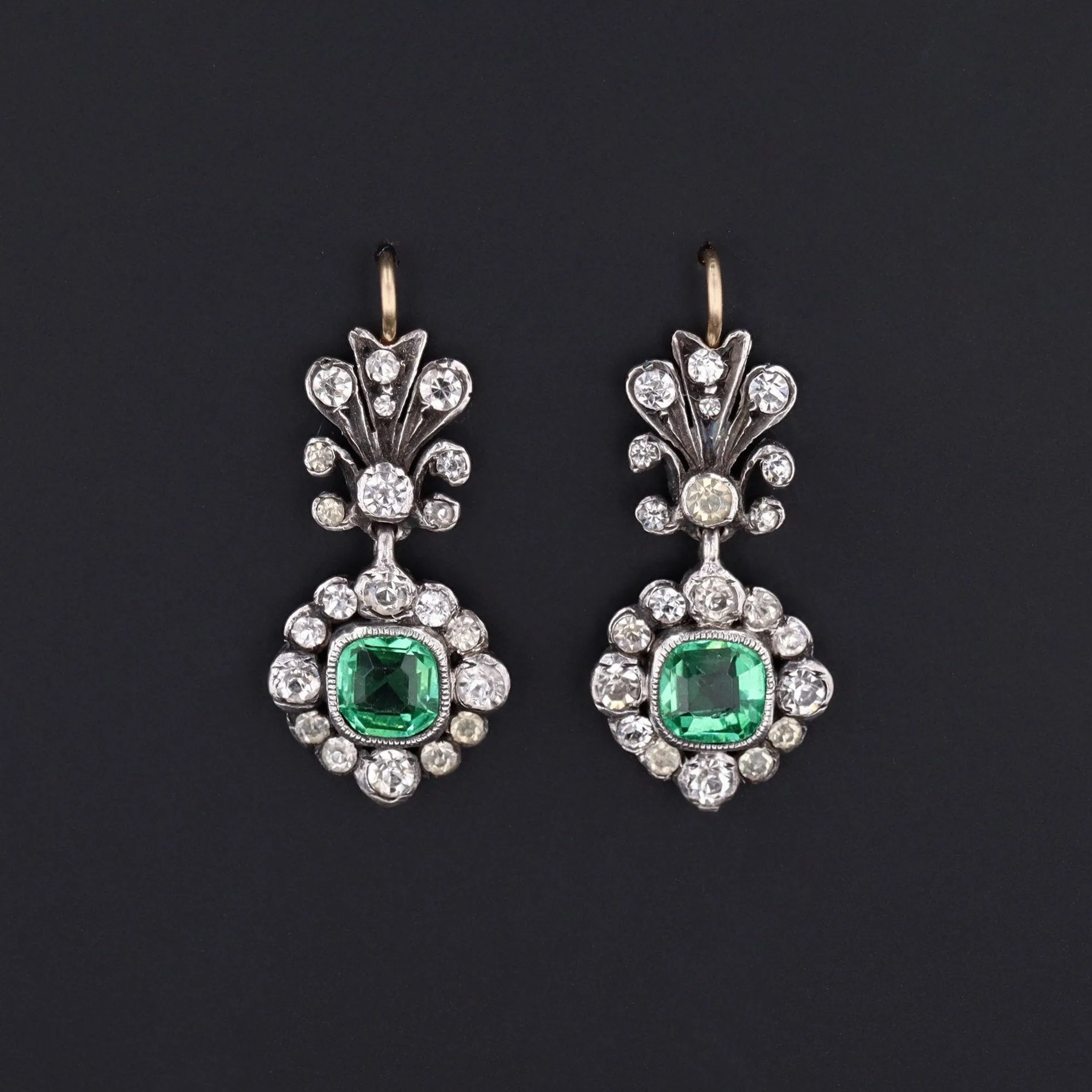 Antique Green and Clear Paste Earrings | 14k Gold & Silver Earrings