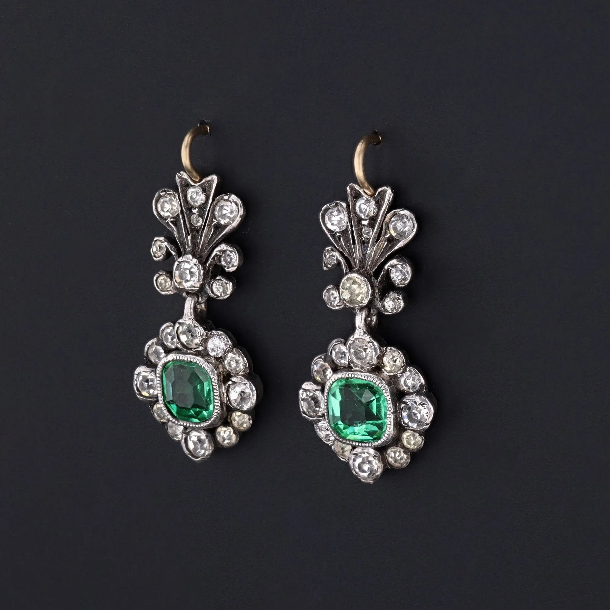 Antique Green and Clear Paste Earrings | 14k Gold & Silver Earrings