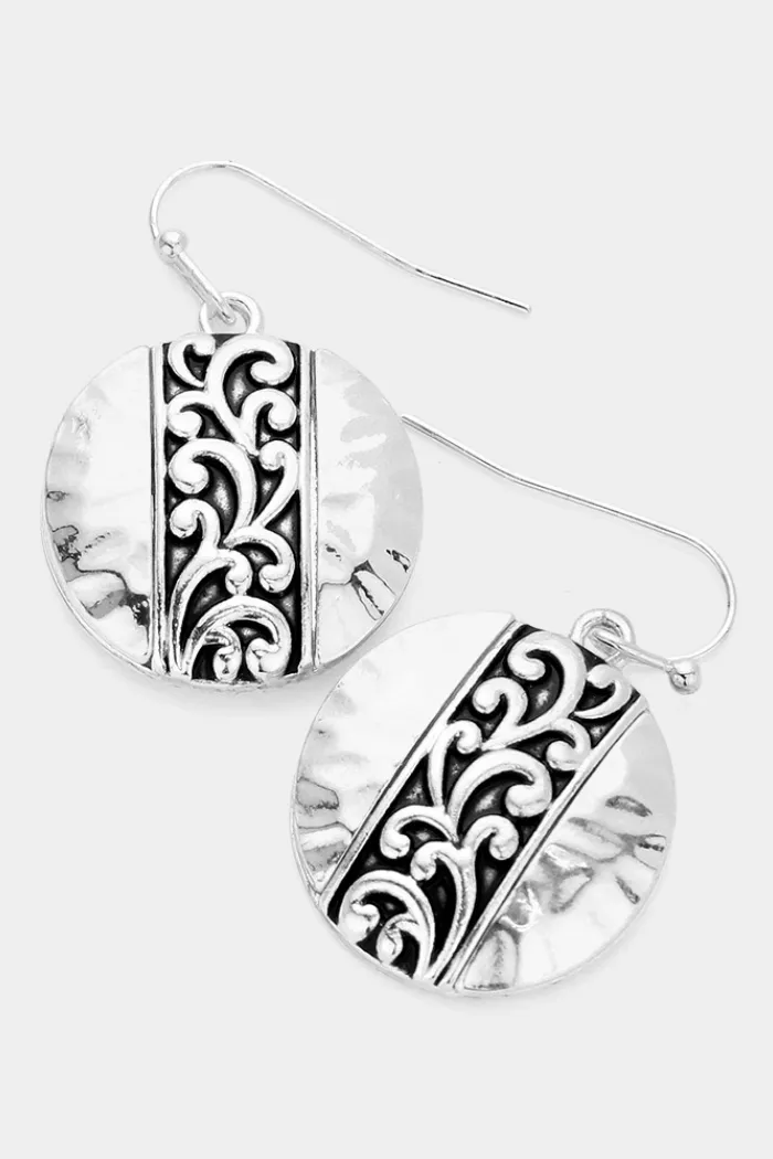 Antique Hammered Metal Filigree Disc Dangle Earrings