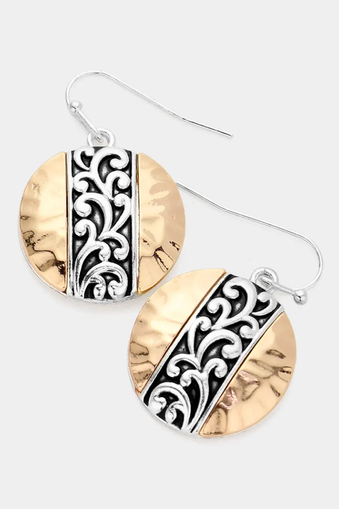 Antique Hammered Metal Filigree Disc Dangle Earrings