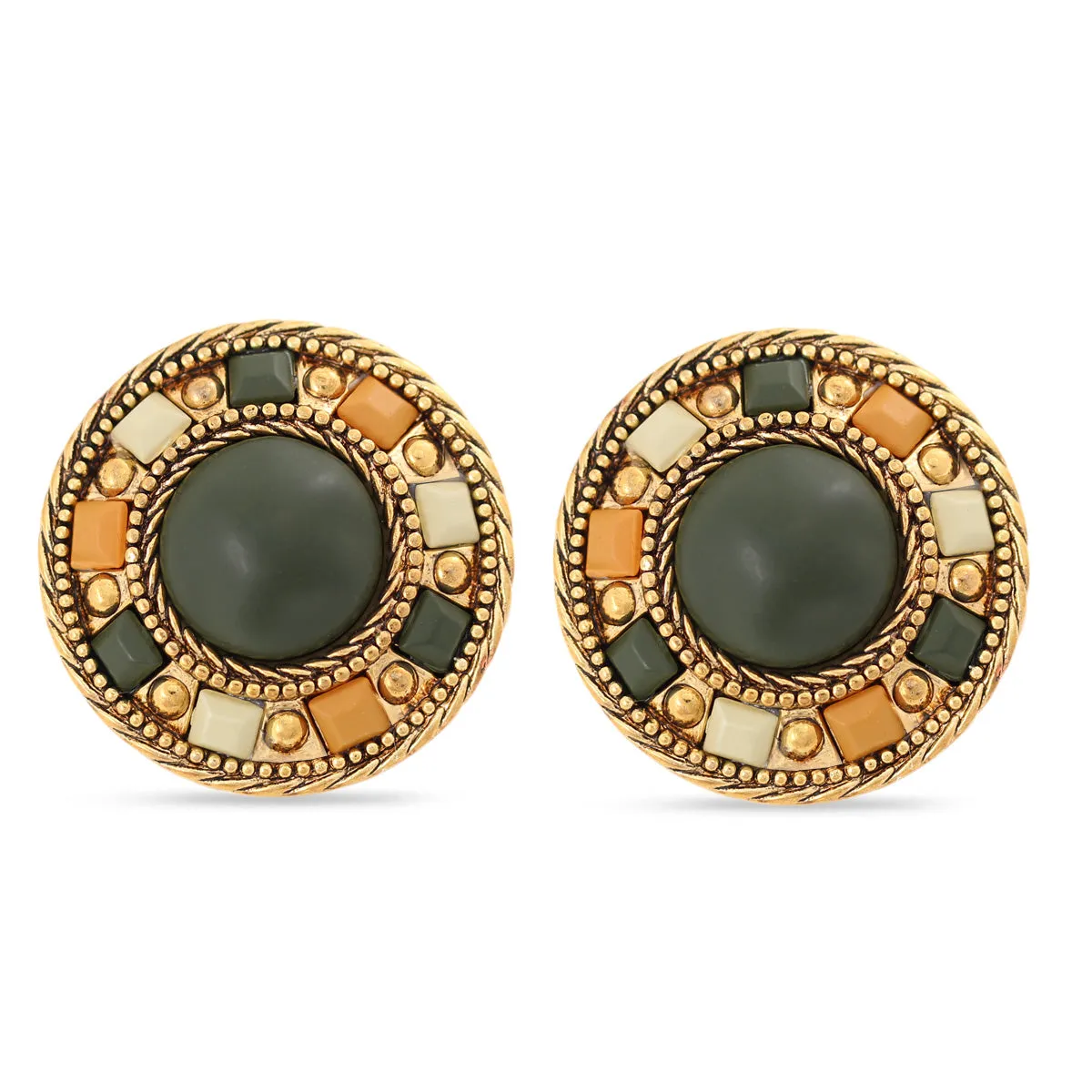 ANTIQUE LOOK GOLD-TONE OLIVE AND CREAM PLASTIC CLIP ON EARRING #FW-E117-S/BGP (SHCB4)