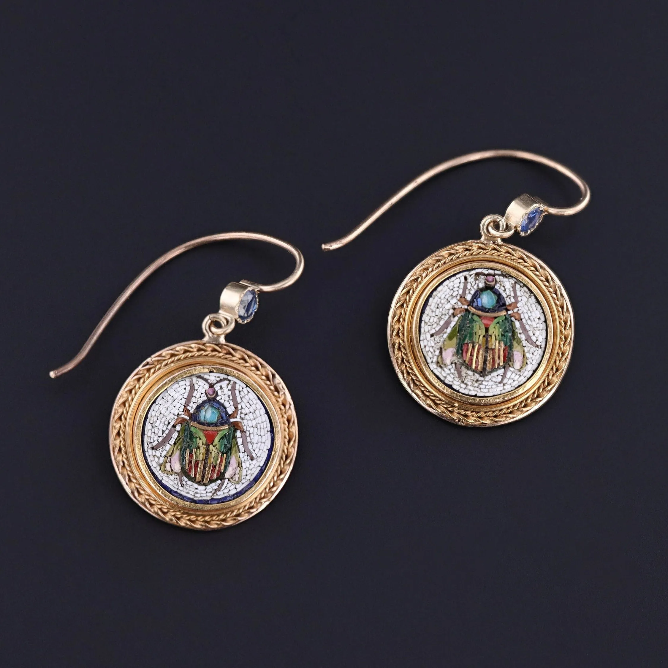 Antique Micromosaic Beetle Earrings with Sapphires