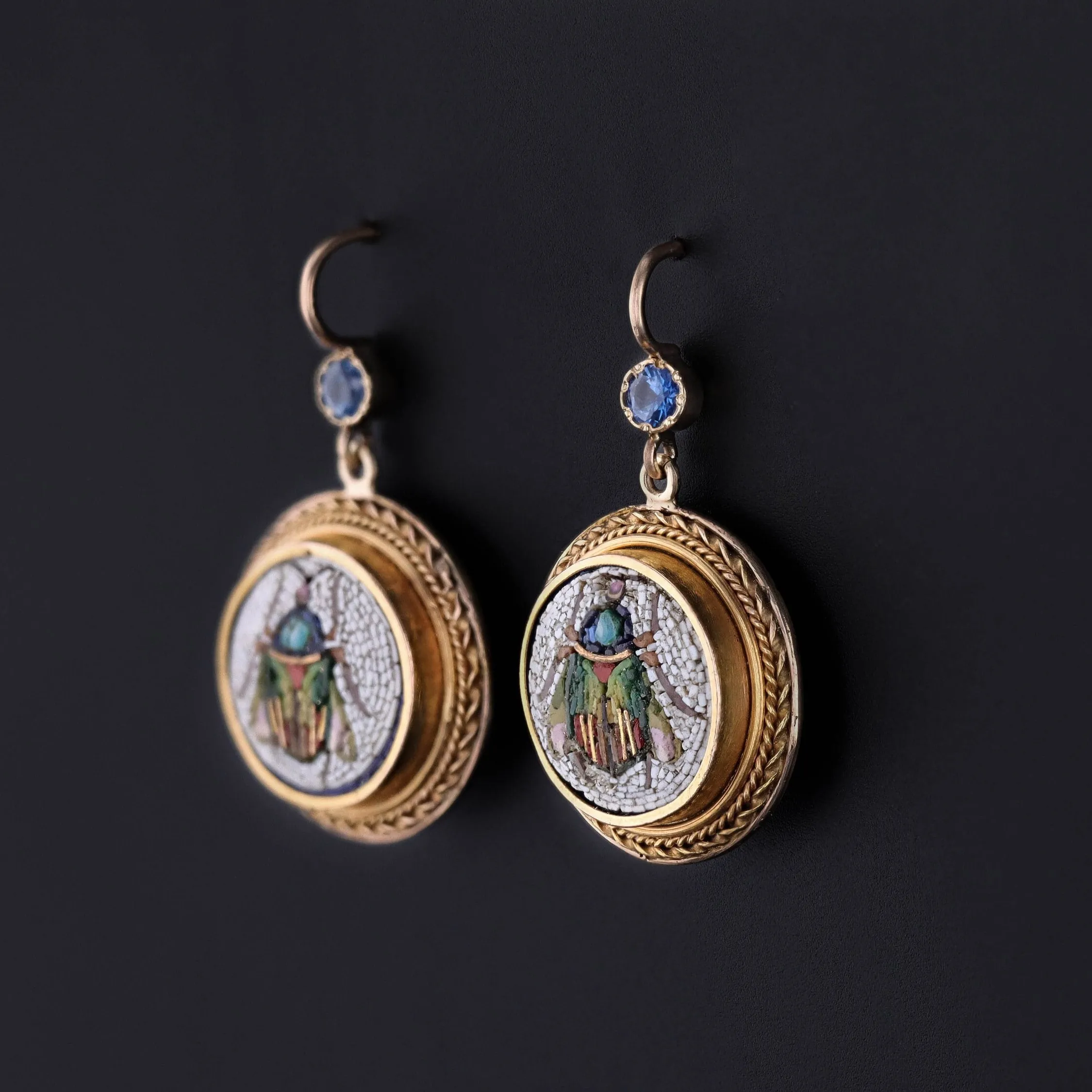 Antique Micromosaic Beetle Earrings with Sapphires