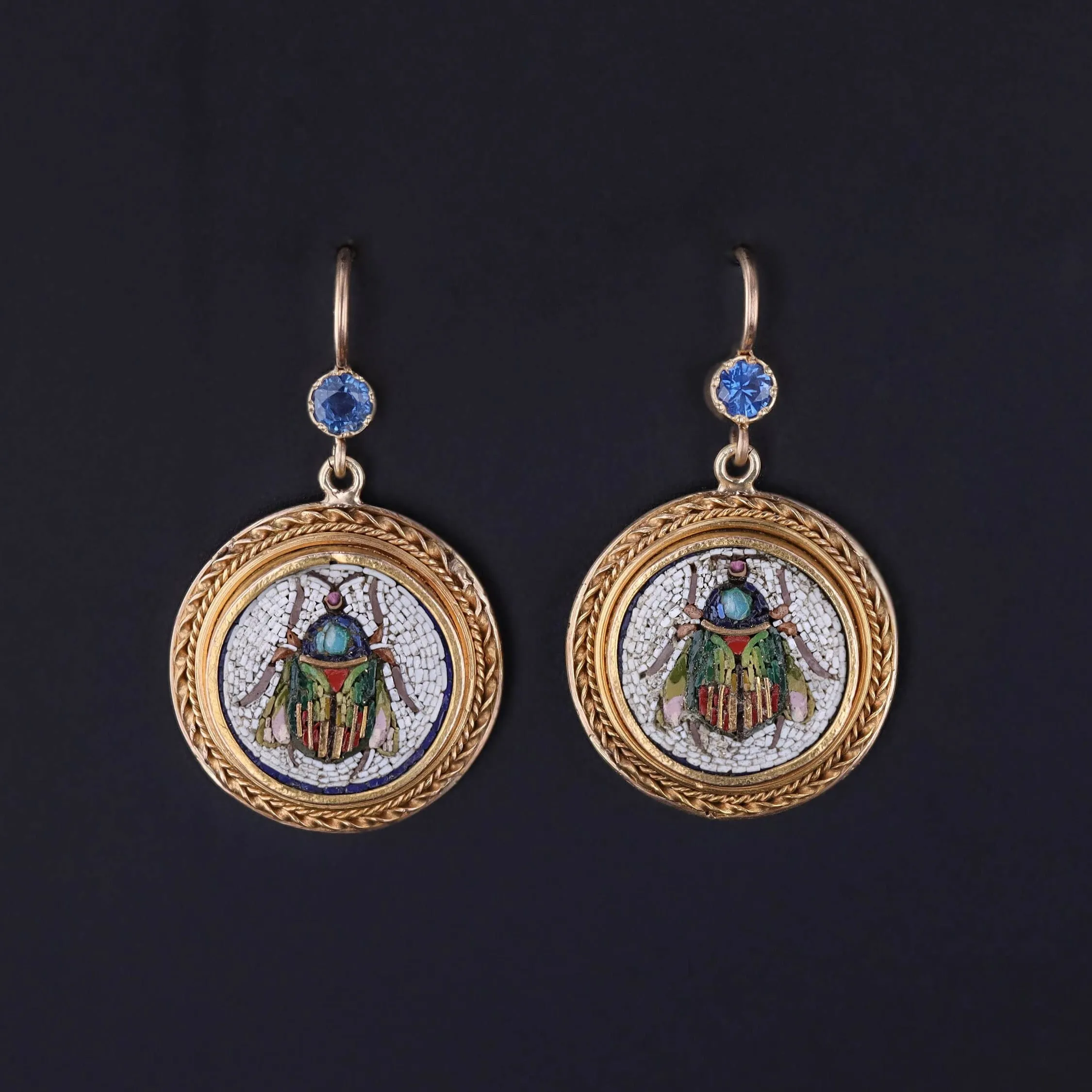 Antique Micromosaic Beetle Earrings with Sapphires
