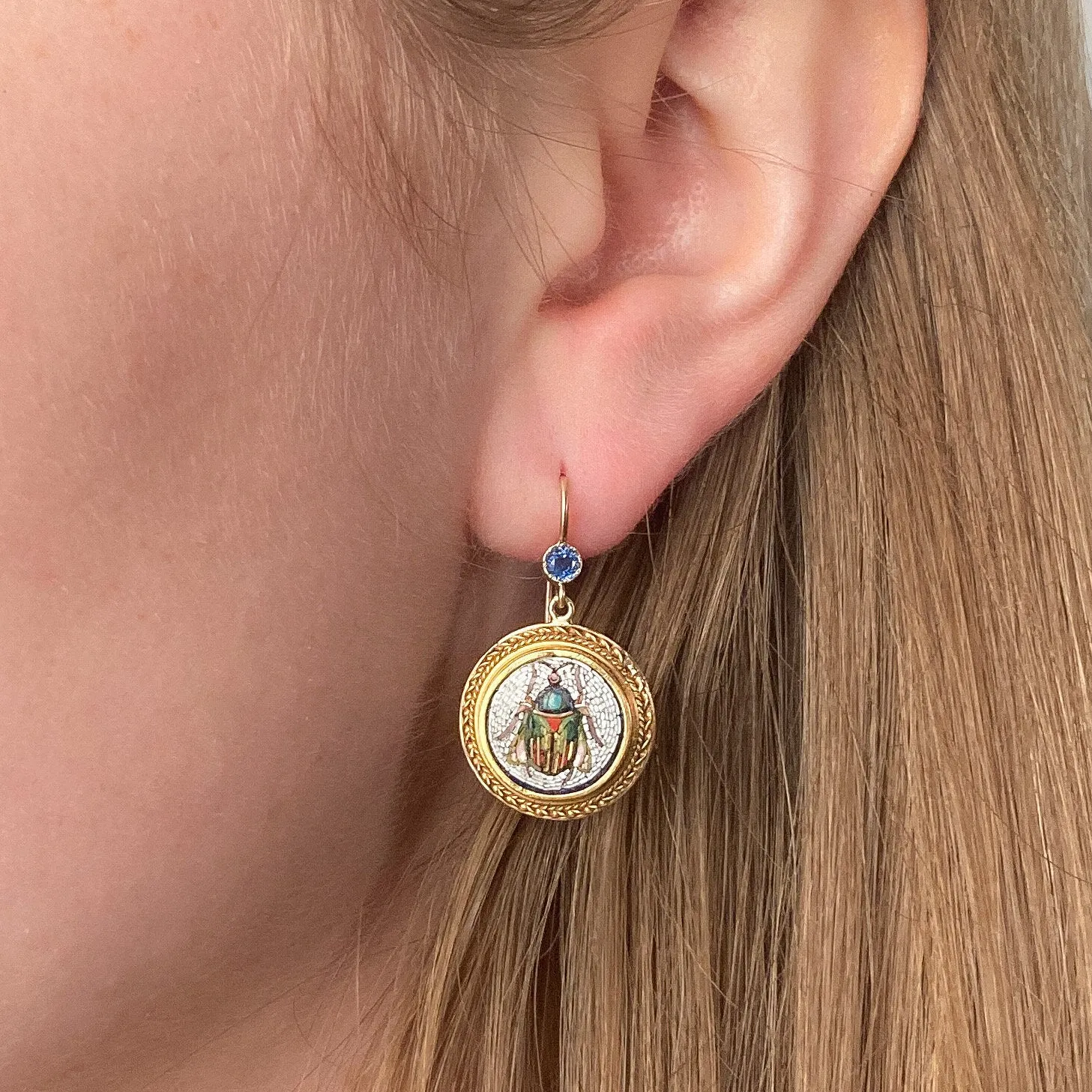 Antique Micromosaic Beetle Earrings with Sapphires