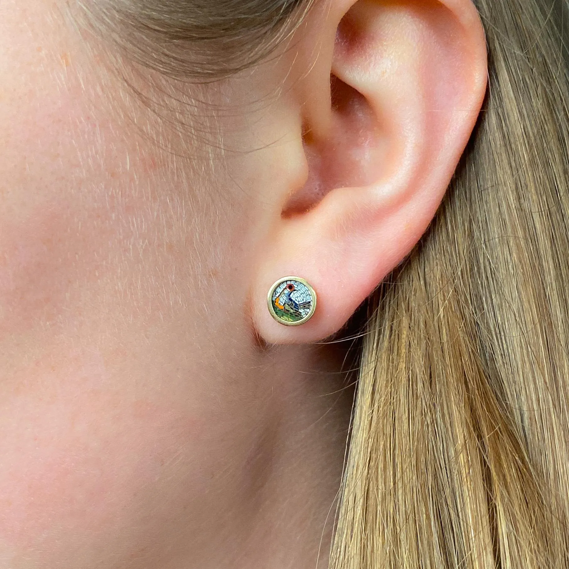 Antique Micromosaic Bird Earrings of 14k Gold