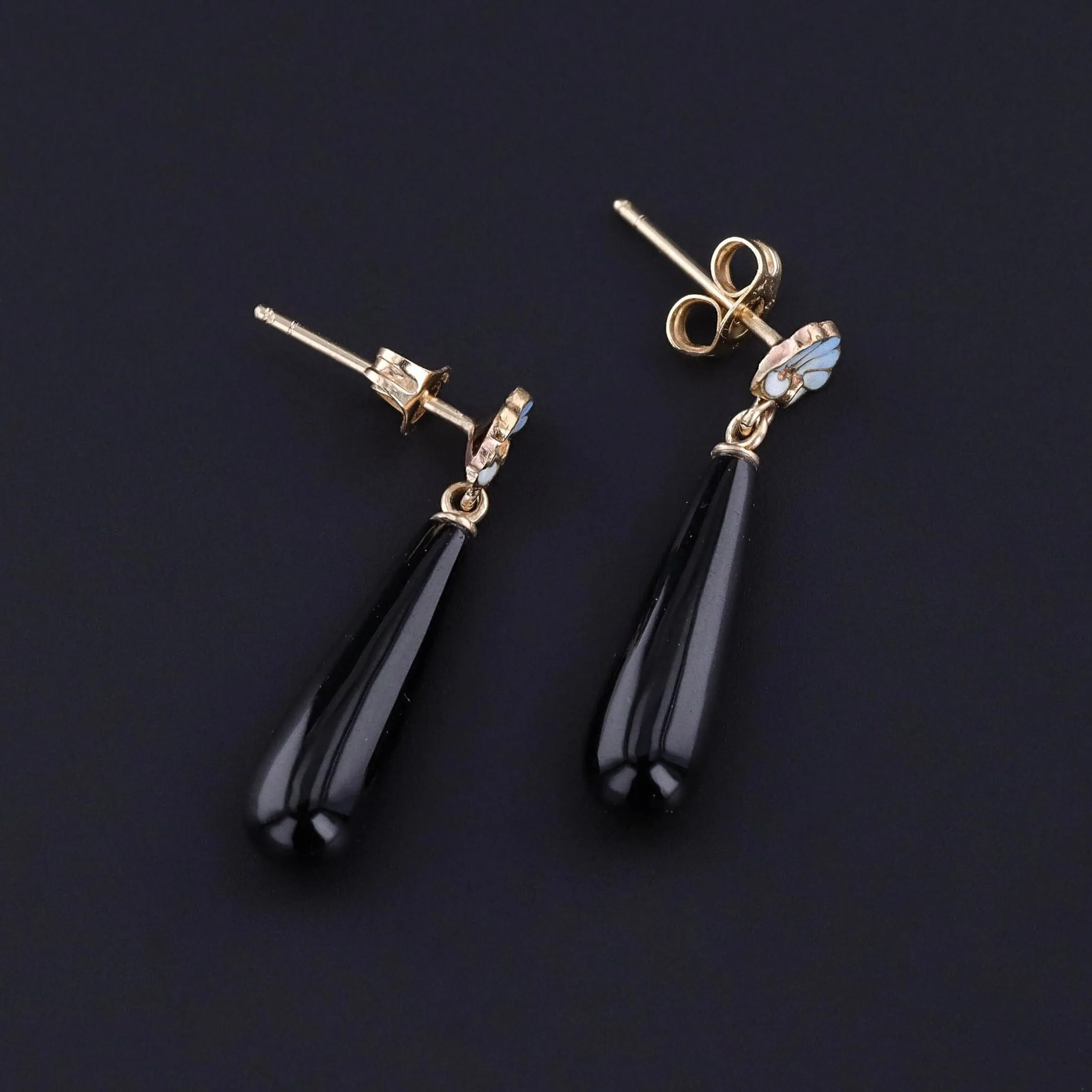 Antique Onyx & Enamel Earrings of 14k Gold