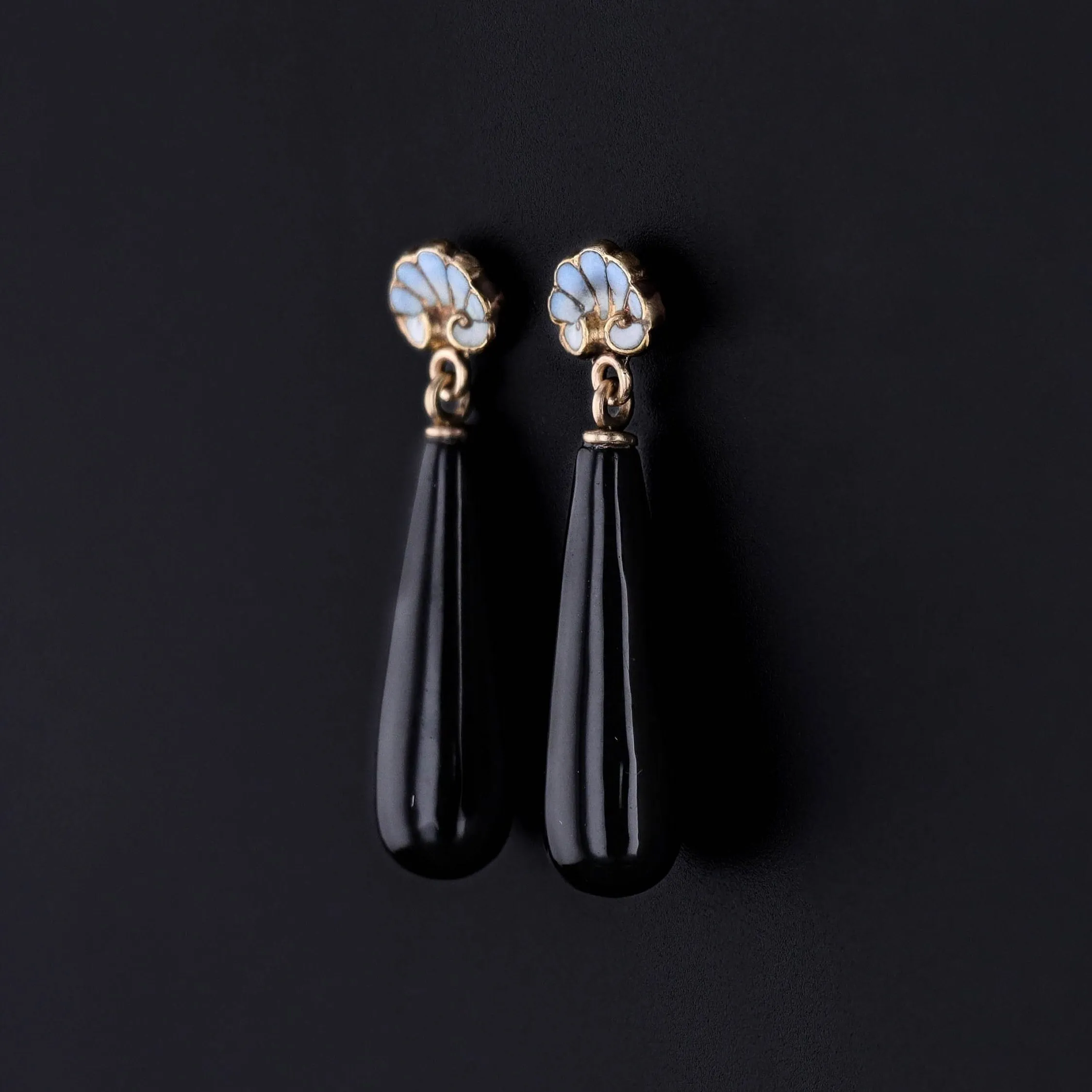 Antique Onyx & Enamel Earrings of 14k Gold