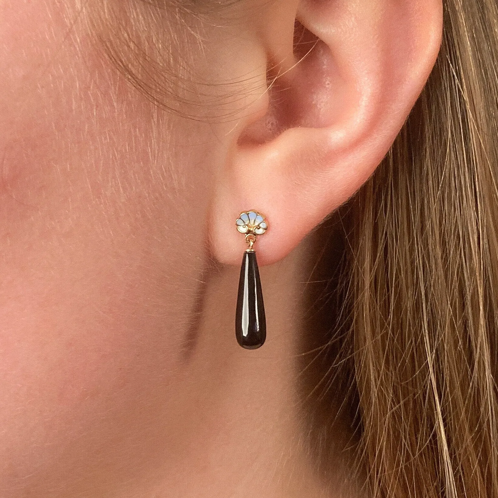 Antique Onyx & Enamel Earrings of 14k Gold