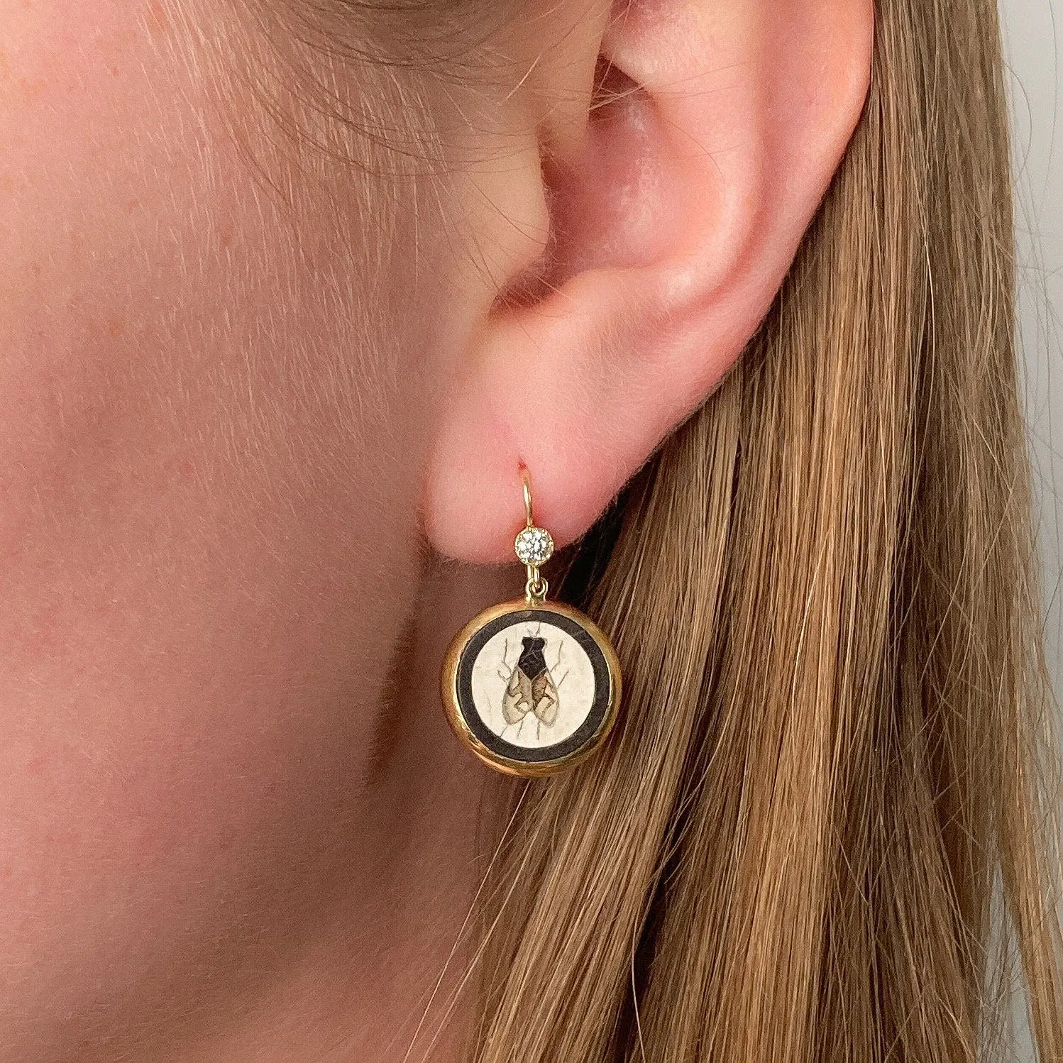 Antique Pietra Dura Fly Earrings of 14k Gold